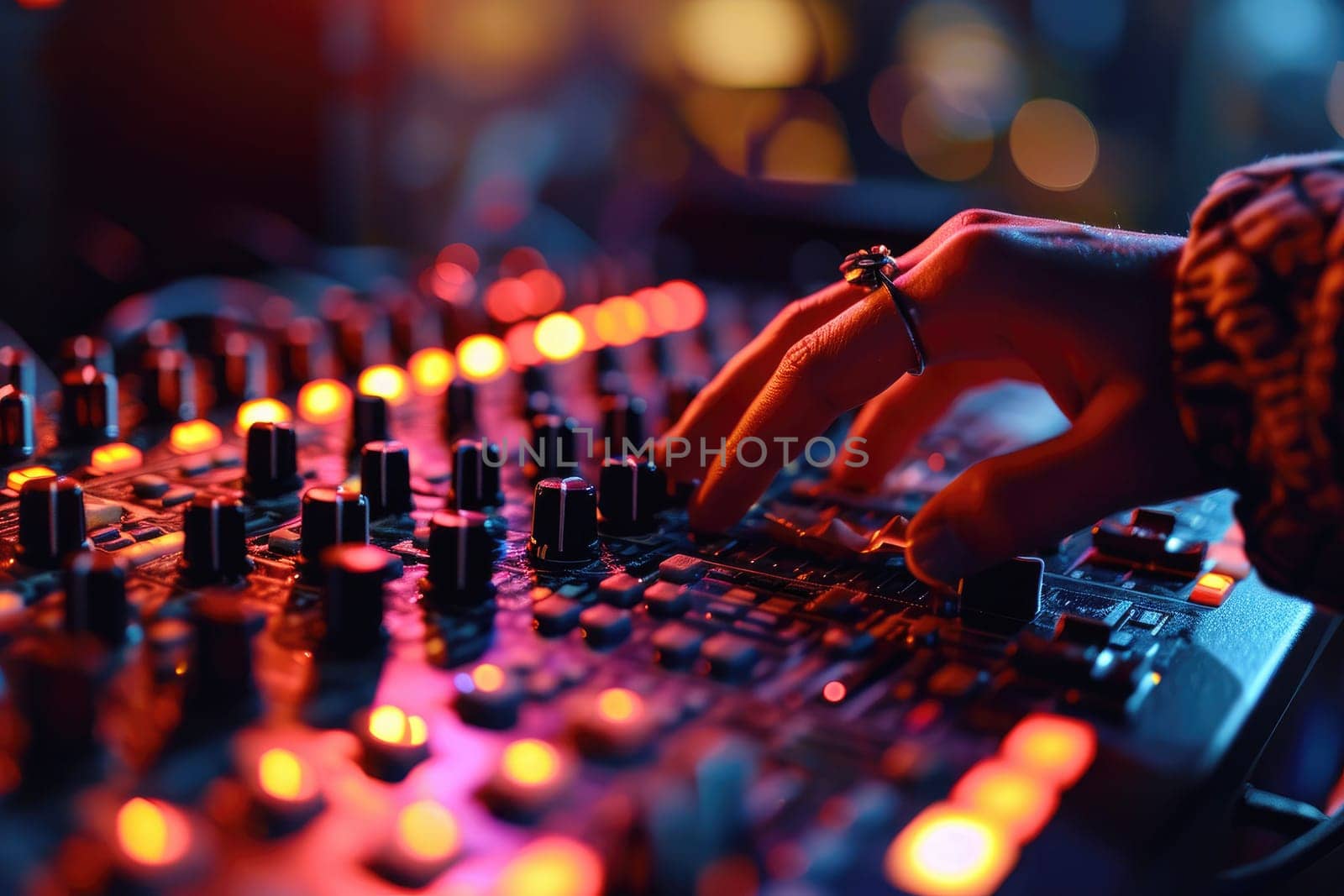 Hands of professional sound producer working on mixing desk in recording studio, Generative AI.