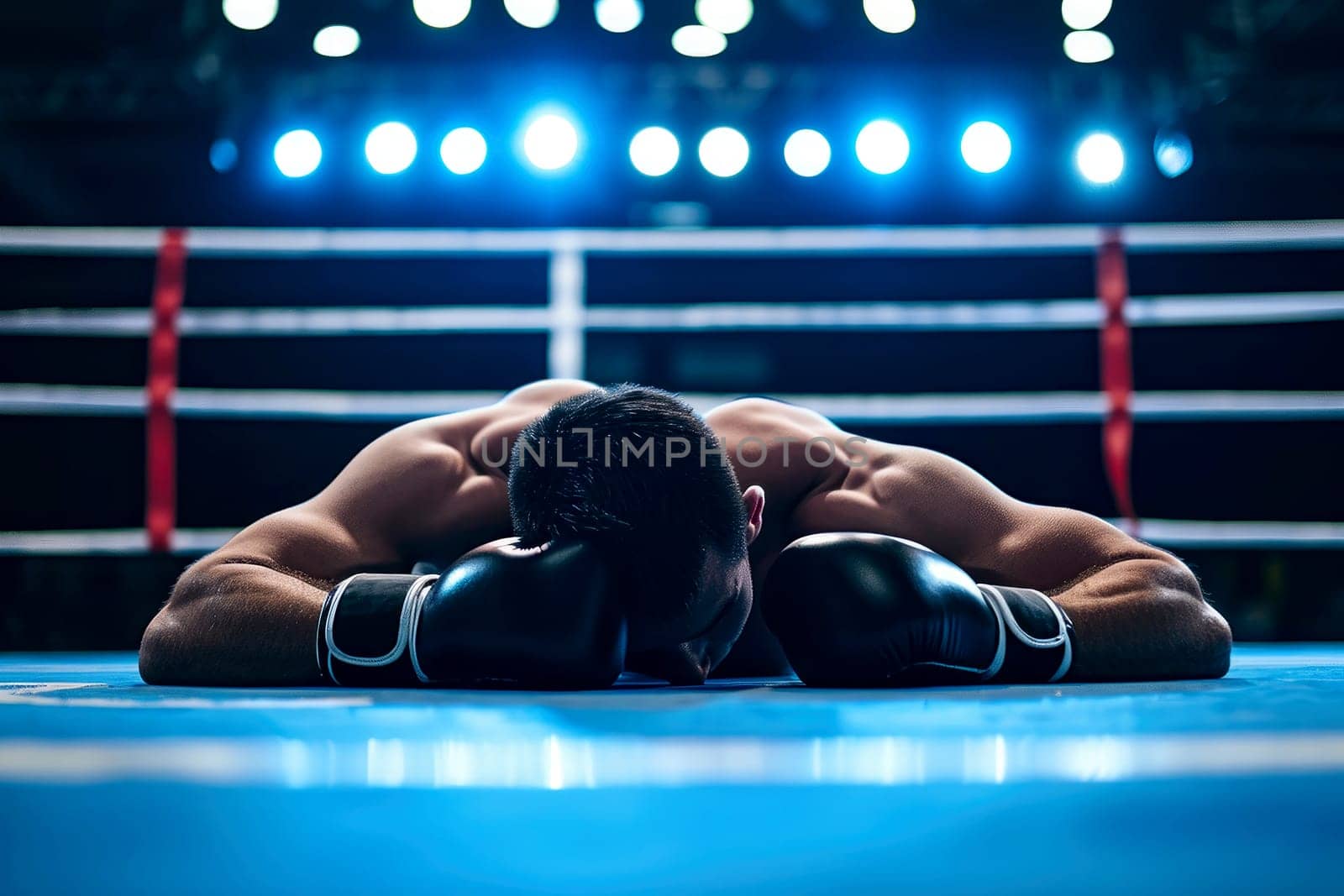 a boxer man falls knocked out TKO. defeat in battle. ai generative.