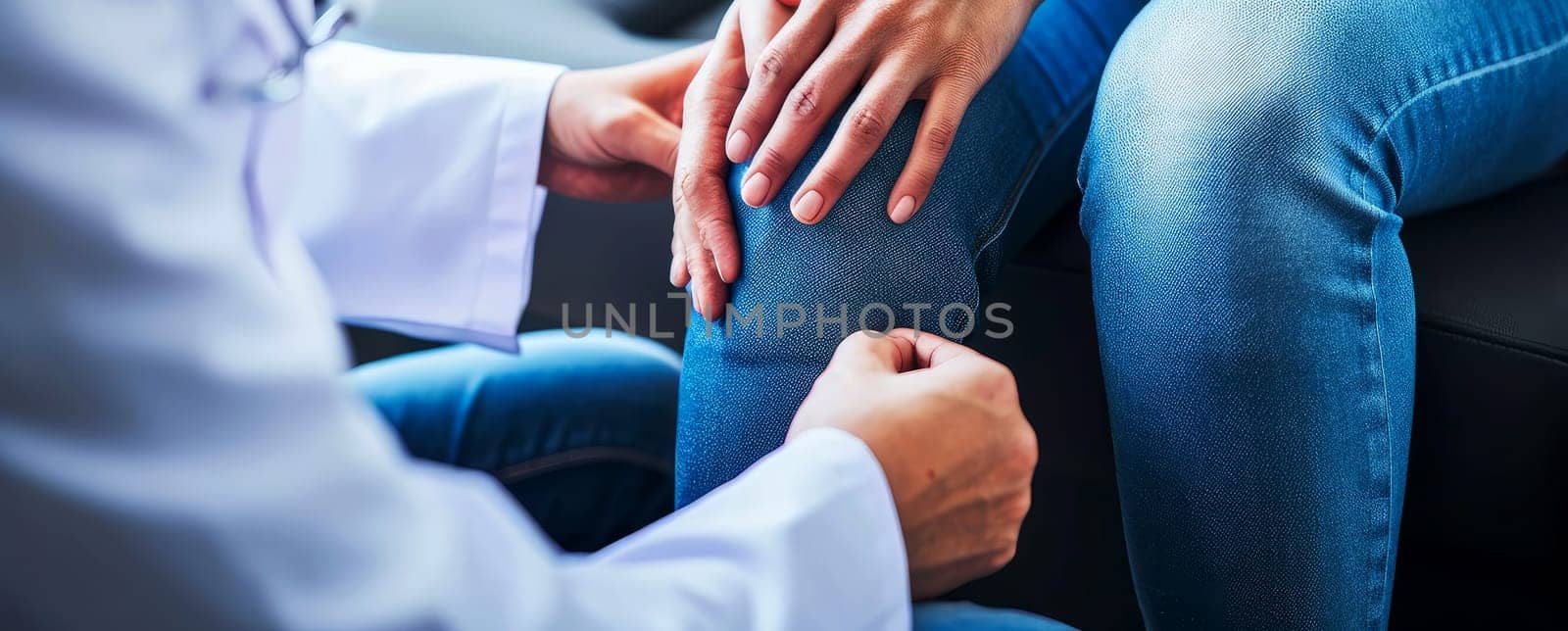 Close up doctor check up older man knee with hands, feeling pain. Generative AI.