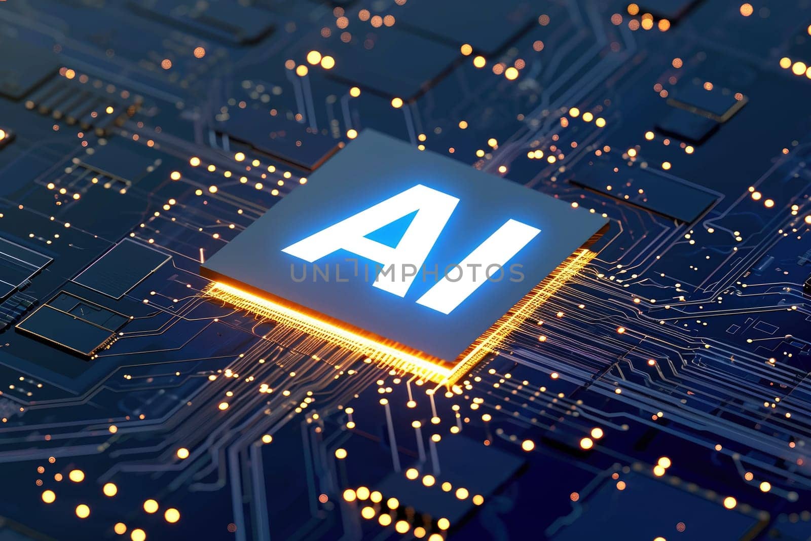 AI text on CPU Circuit board, Artificial Intelligence concept. AI generative.