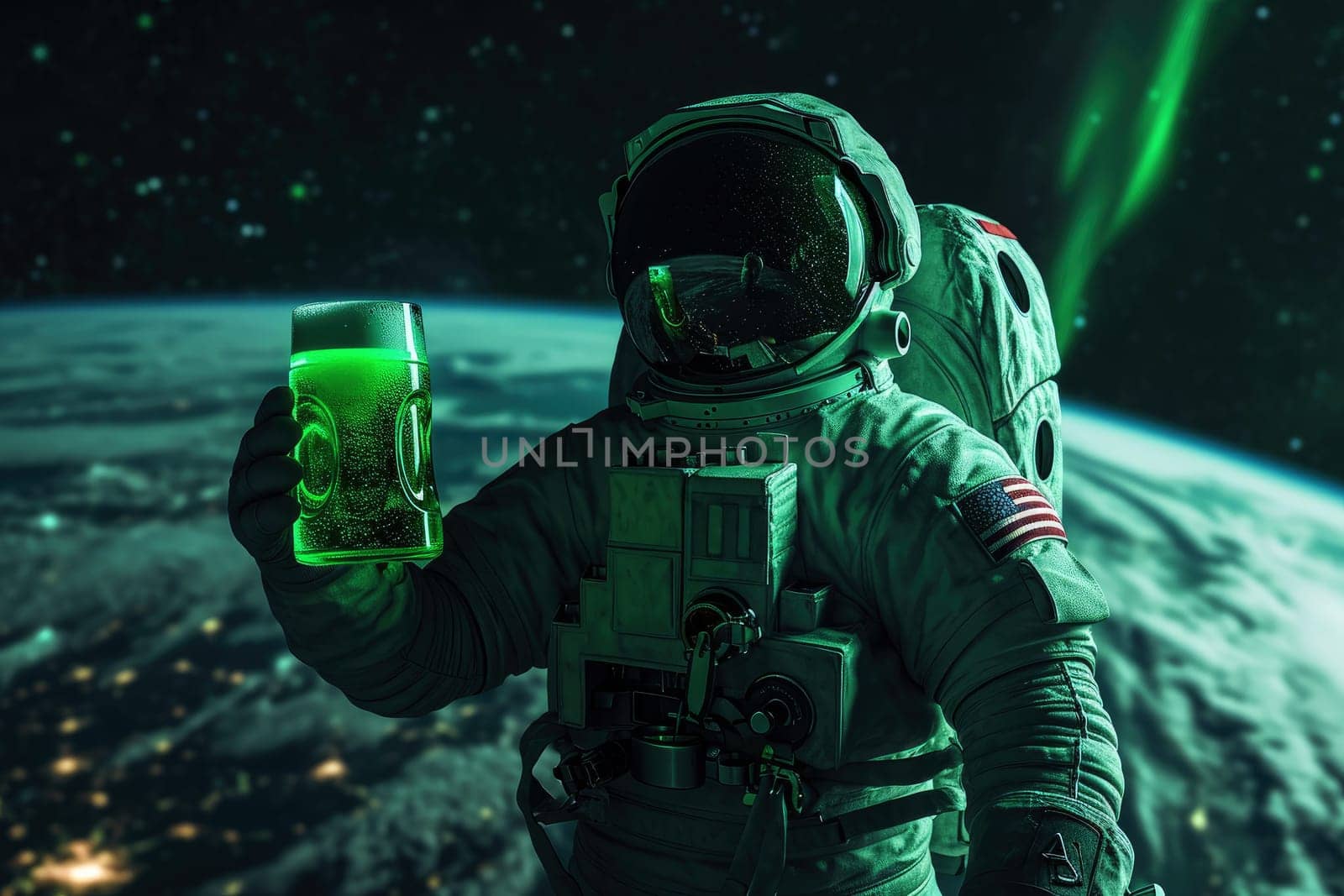 An astronaut drinks some green beer on the planet. saint Patrick's day concept. Generative AI..