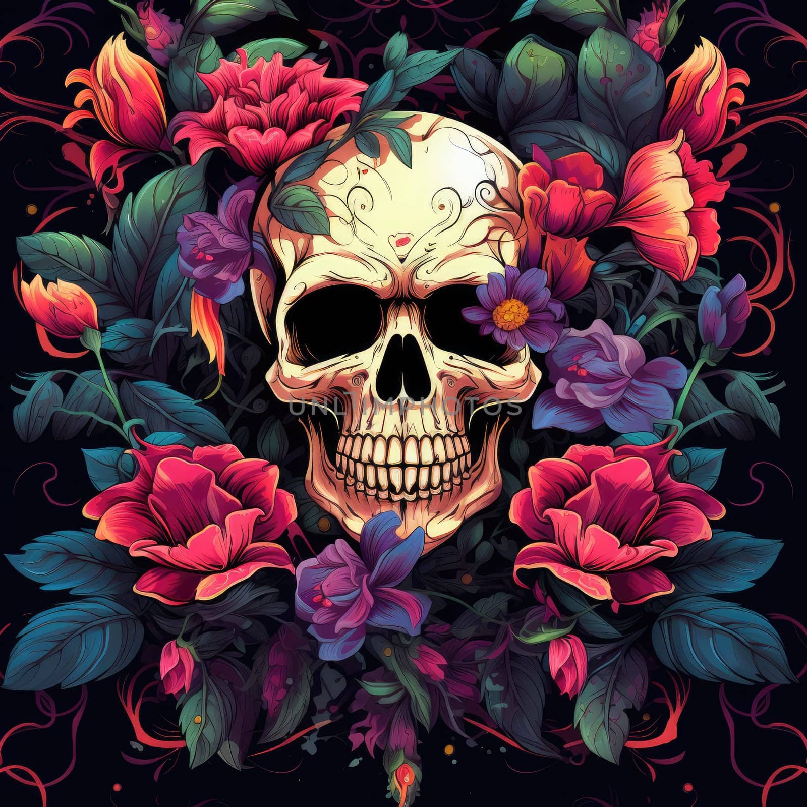 The eternal cycle of life and death. A skull surrounded by flowers as a symbol of the continuous cycle of birth, death and rebirth. Template for print, sticker, poster, etc.