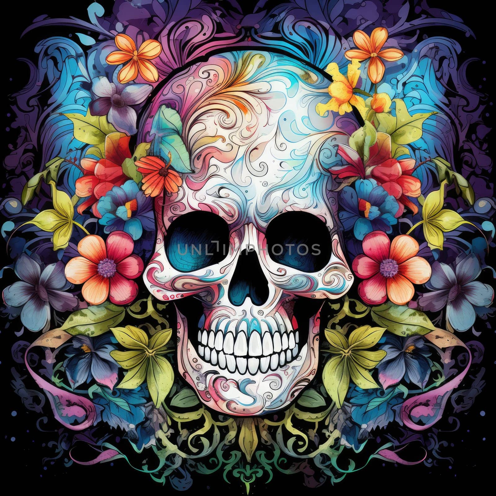 The eternal cycle of life and death. A skull surrounded by flowers as a symbol of the continuous cycle of birth, death and rebirth. Template for print, sticker, poster, etc.