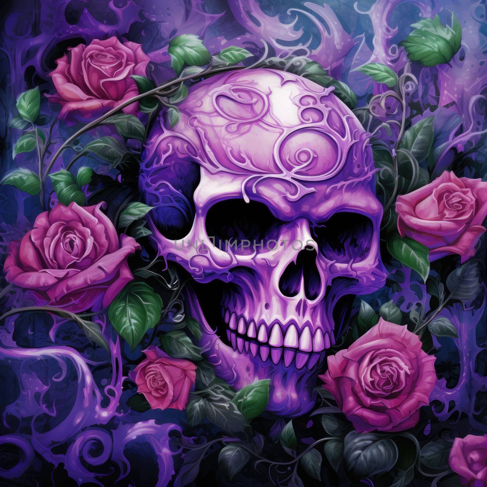 The eternal cycle of life and death. A skull surrounded by flowers as a symbol of the continuous cycle of birth, death and rebirth. Template for print, sticker, poster, etc.