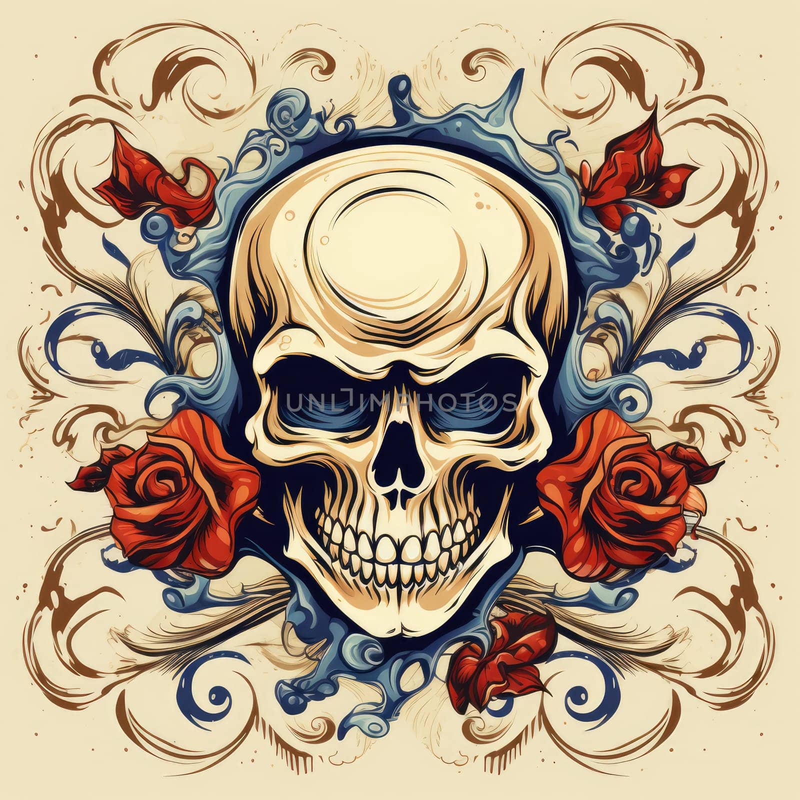 The eternal cycle of life and death. A skull surrounded by flowers as a symbol of the continuous cycle of birth, death and rebirth. Template for print, sticker, poster, etc.