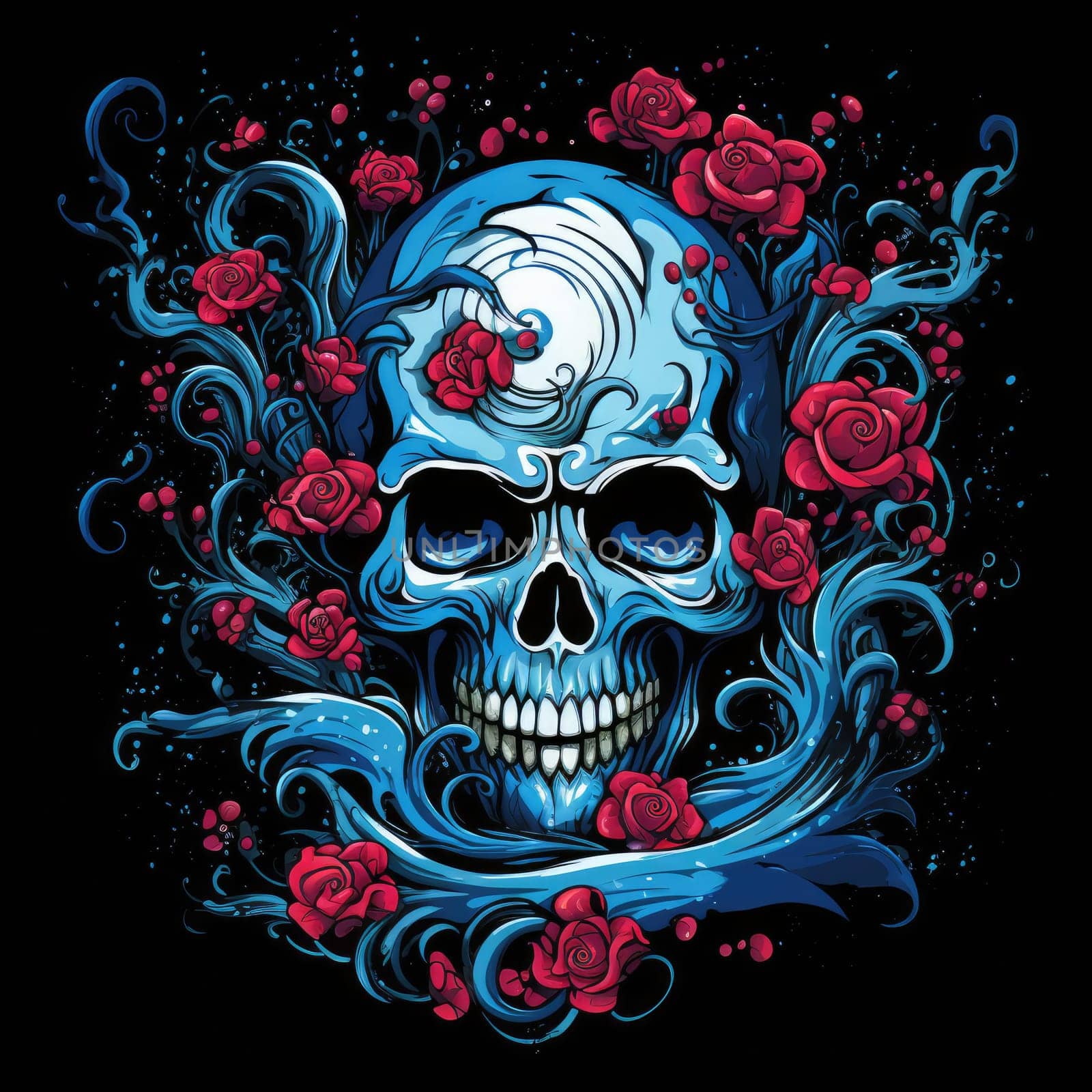 The eternal cycle of life and death. A skull surrounded by flowers as a symbol of the continuous cycle of birth, death and rebirth. Template for print, sticker, poster, etc.