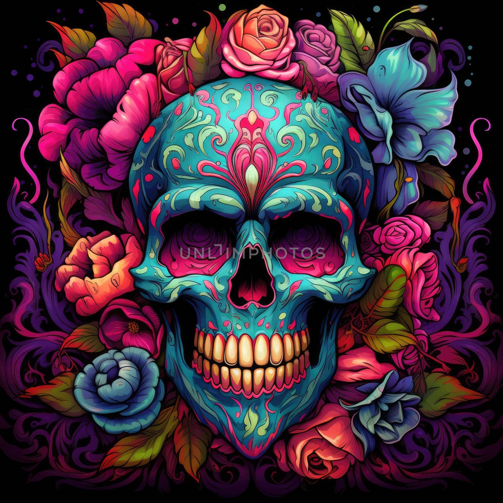 The eternal cycle of life and death. A skull surrounded by flowers as a symbol of the continuous cycle of birth, death and rebirth. Template for print, sticker, poster, etc.