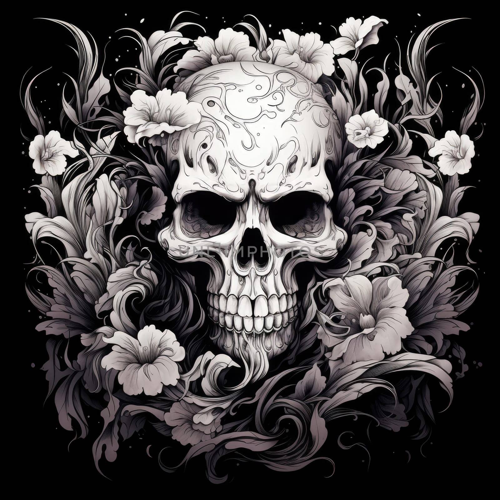 The eternal cycle of life and death. A skull surrounded by flowers as a symbol of the continuous cycle of birth, death and rebirth. Template for print, sticker, poster, etc.