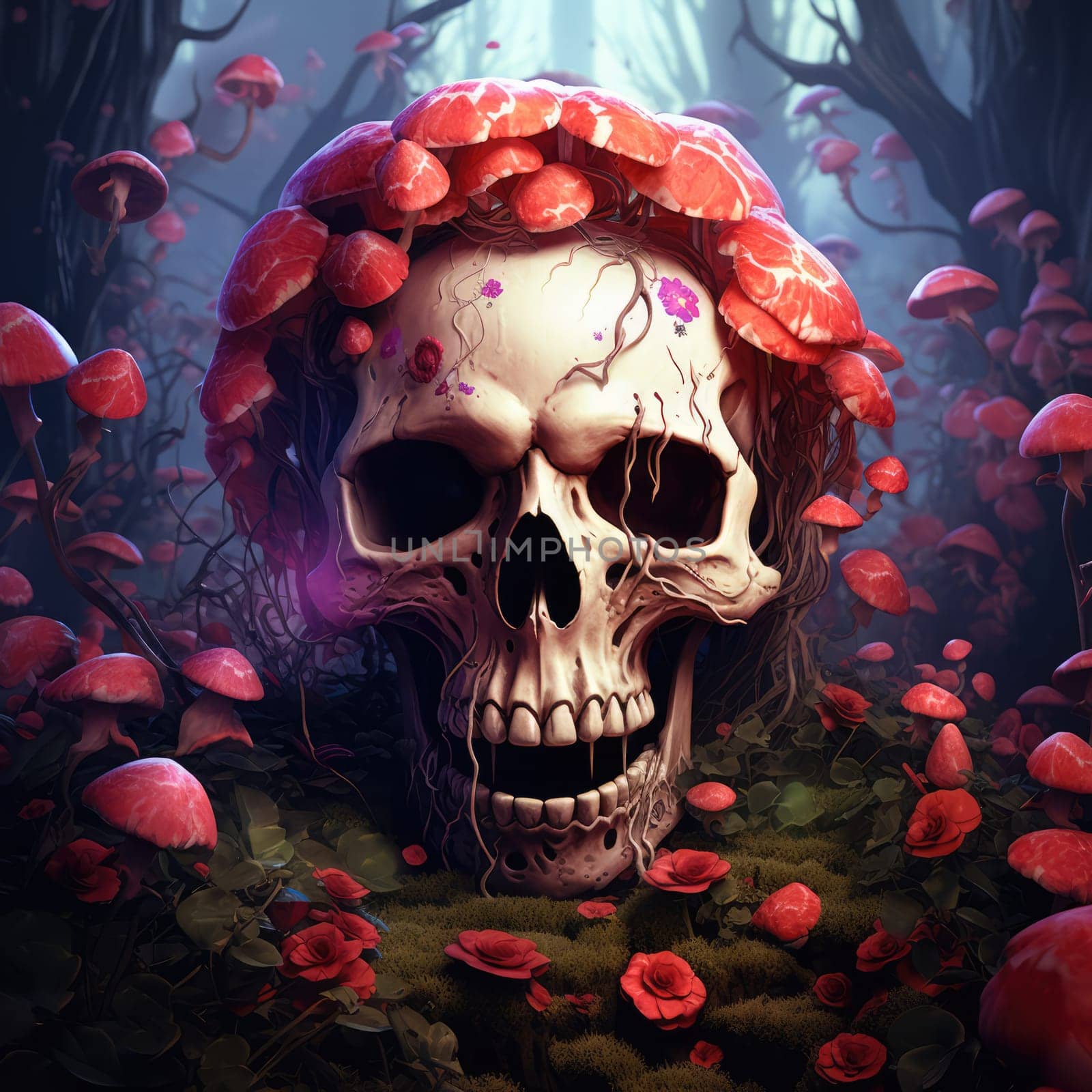 The eternal cycle of life and death. A skull surrounded by flowers as a symbol of the continuous cycle of birth, death and rebirth. Template for print, sticker, poster, etc.