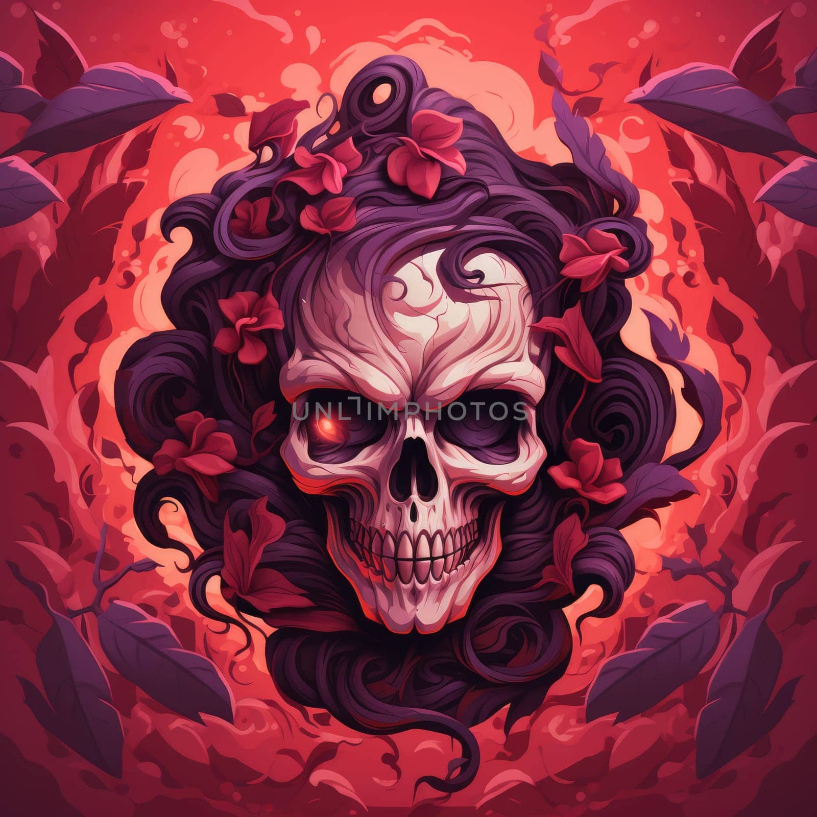 The eternal cycle of life and death. A skull surrounded by flowers as a symbol of the continuous cycle of birth, death and rebirth. Template for print, sticker, poster, etc.