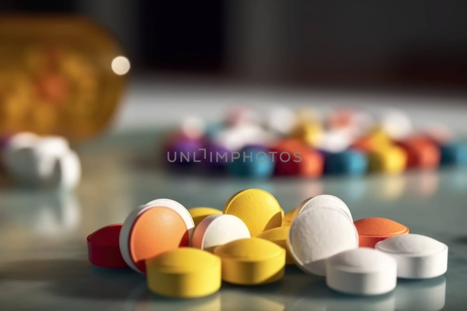 Background with many different medications pills and capsules Generative AI.