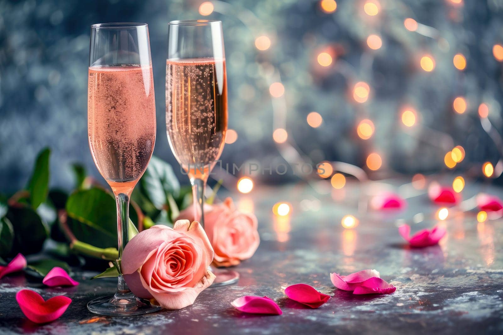 valentine day celebration with champagne, bokeh background. Generative AI.