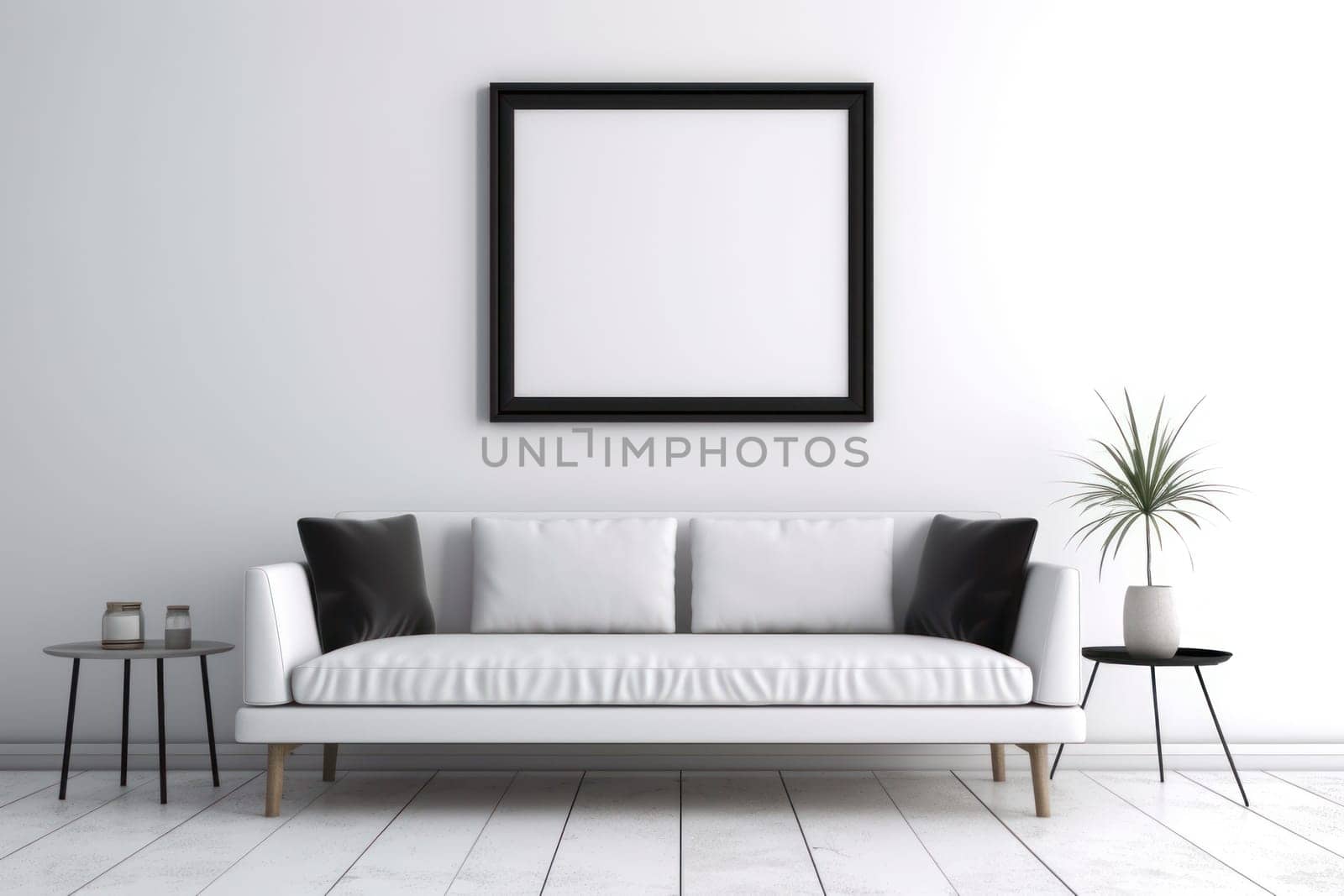 3d rendering of a living room with a couch and a blank white board on the wall Genarative AI.