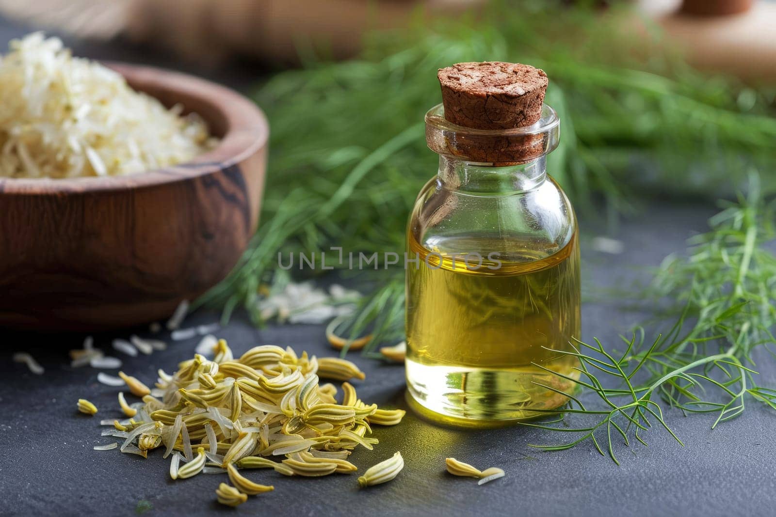 fennel oil in a glass bottle on a table.generative AI.