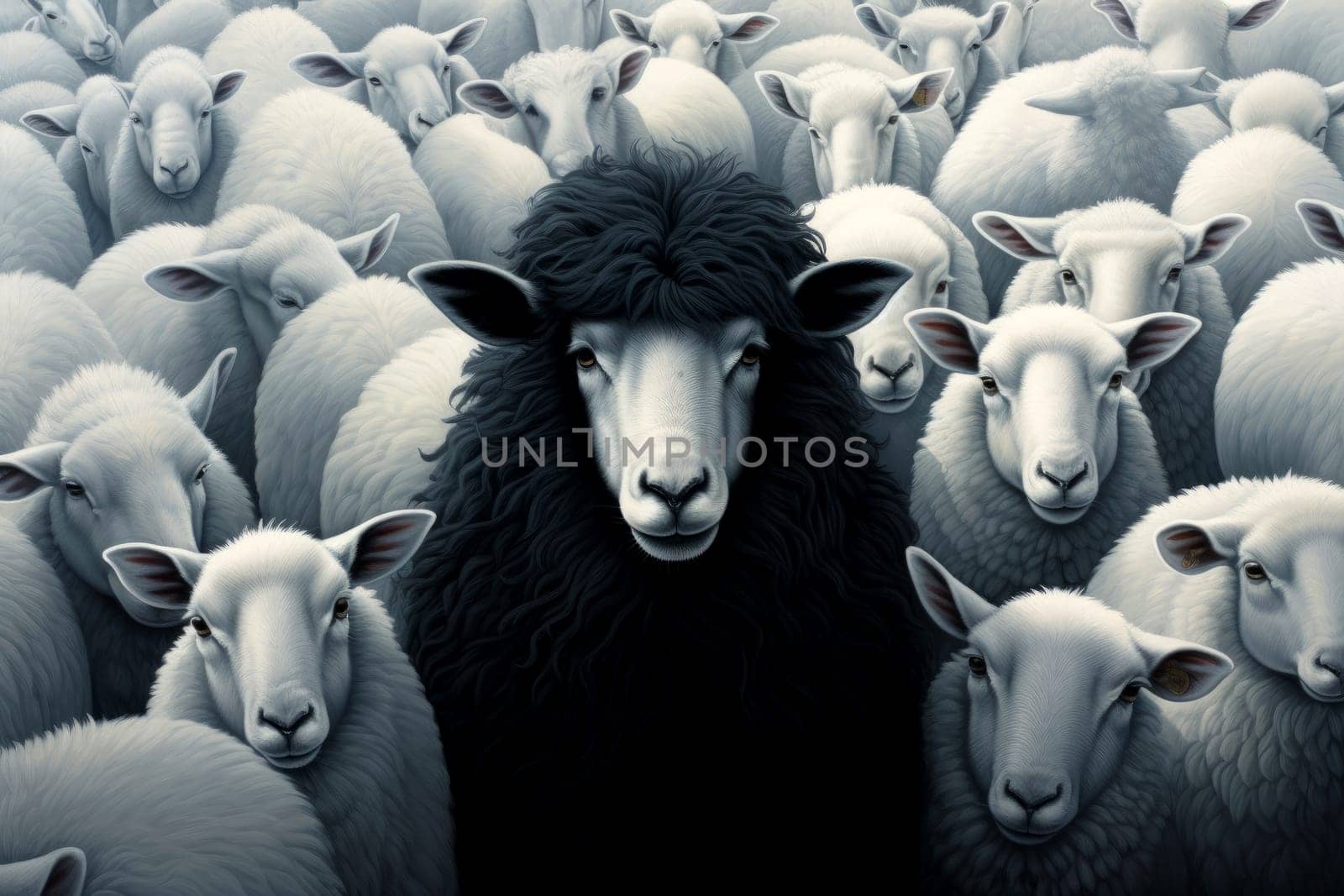 A flock of white sheep with black in the middle. generative ai.