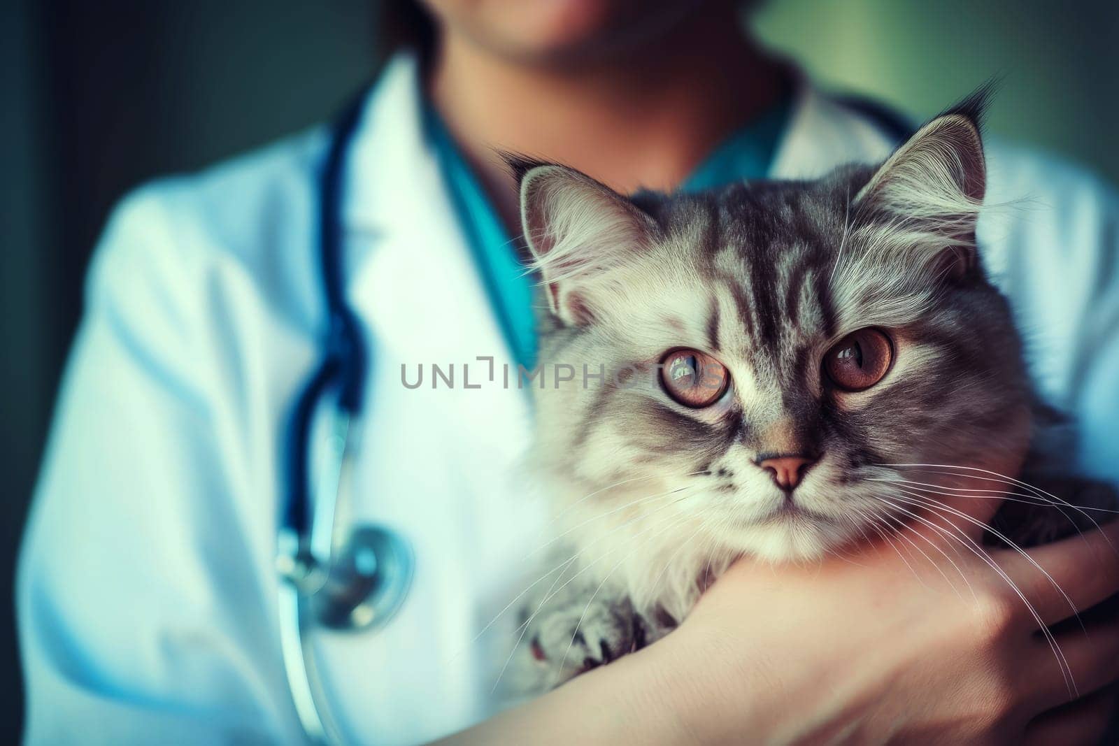 Veterinarian examining a cat in a veterinary clinic, closeup. Generative Ai.