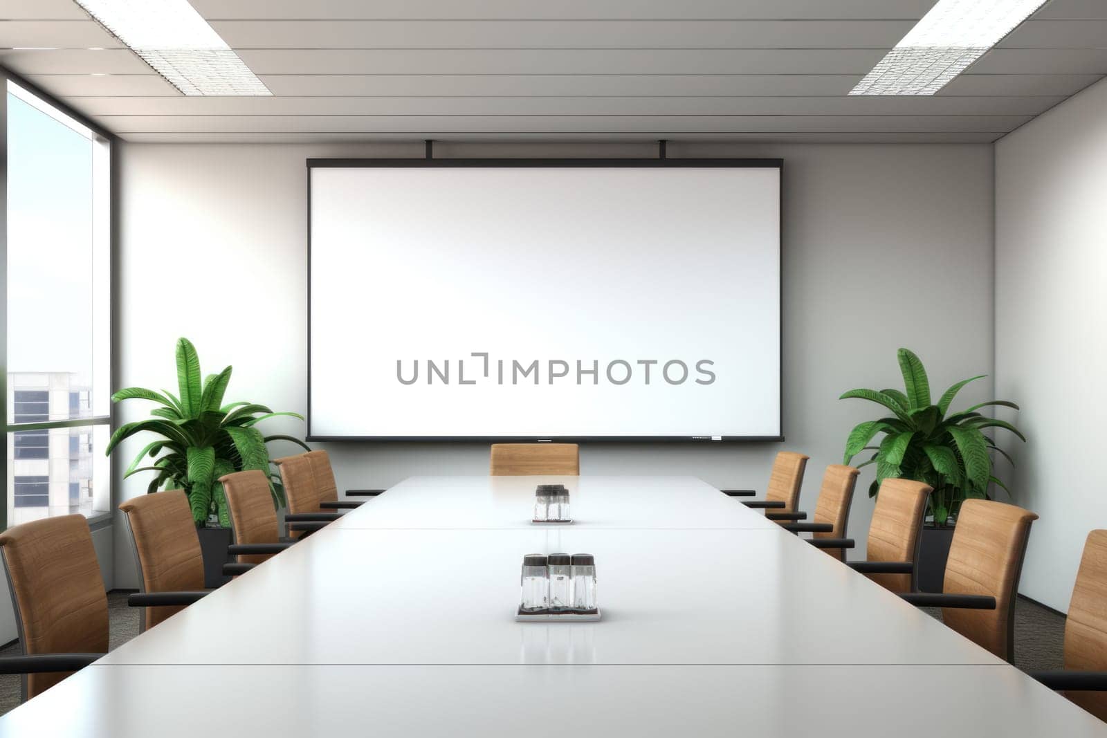 Empty meeting room Conference with chair table and white board Generative AI.