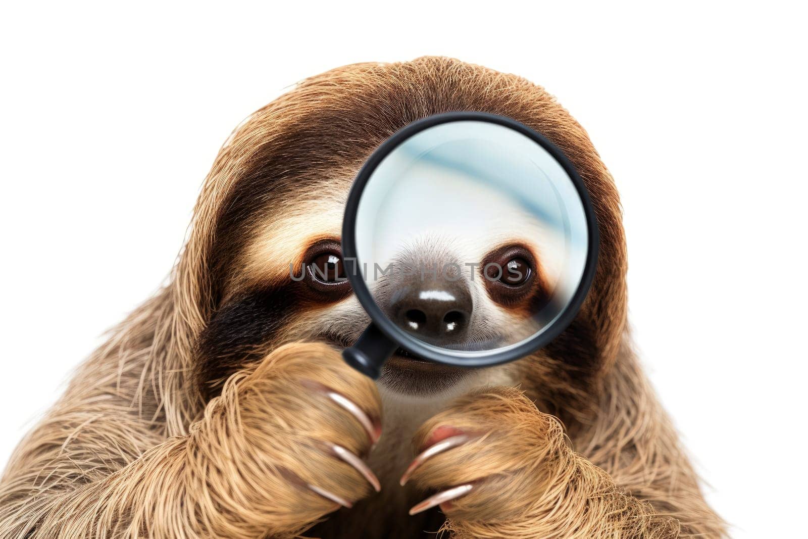A sloth hold with a magnifying glass on white background . AI generated.
