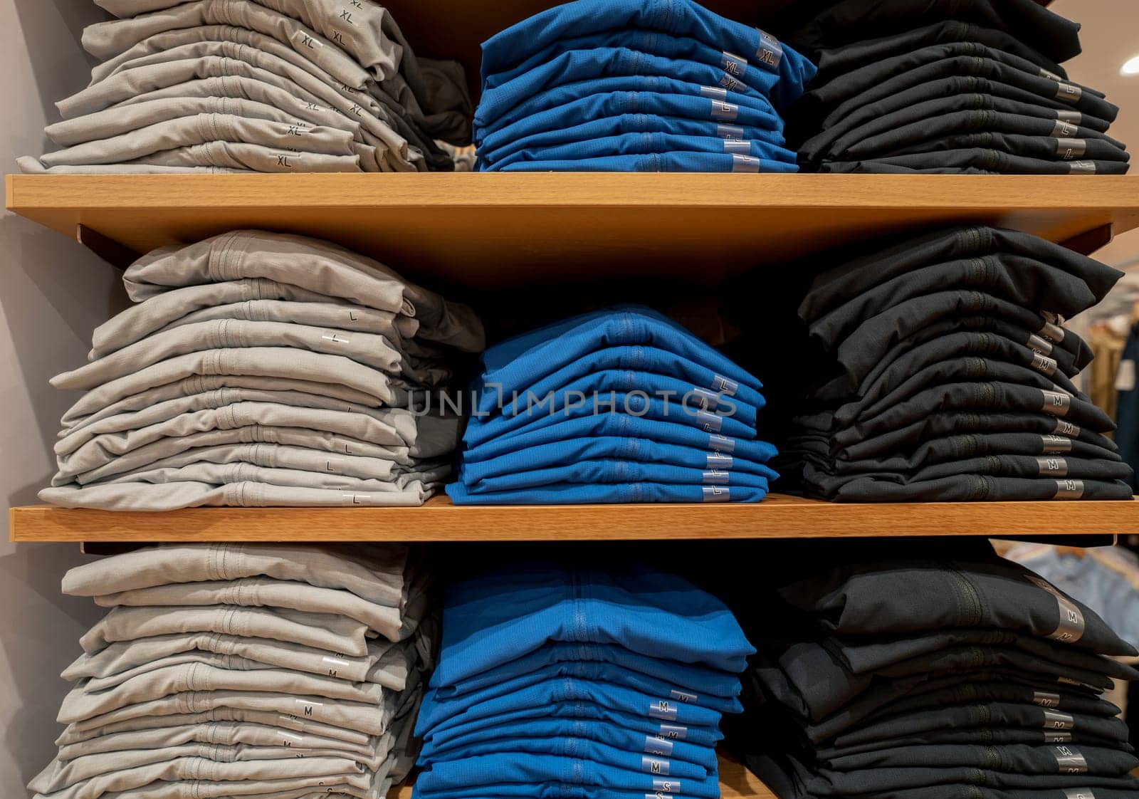 New clothes folded neatly on wooden shelf in clothing shop for sale. Fashion retail shop inside shopping mall. Trendy apparel display. New clothes showcased on wooden shelves in fashion Retail shop.