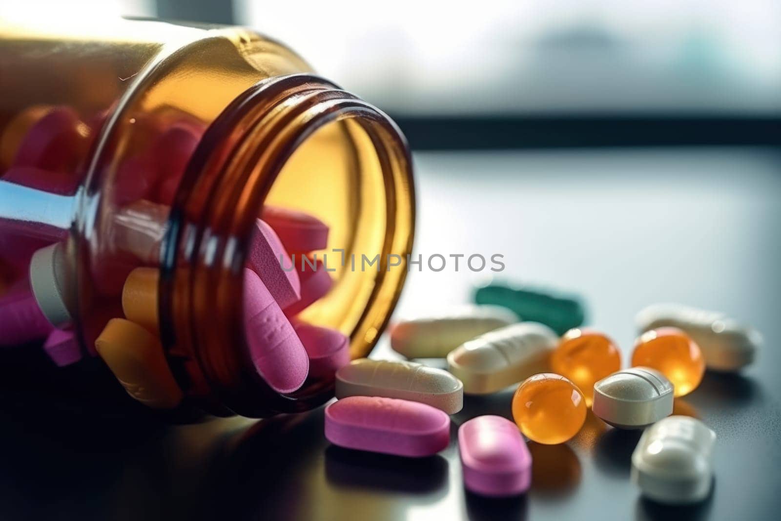 Background with many different medications pills and capsules Generative AI.