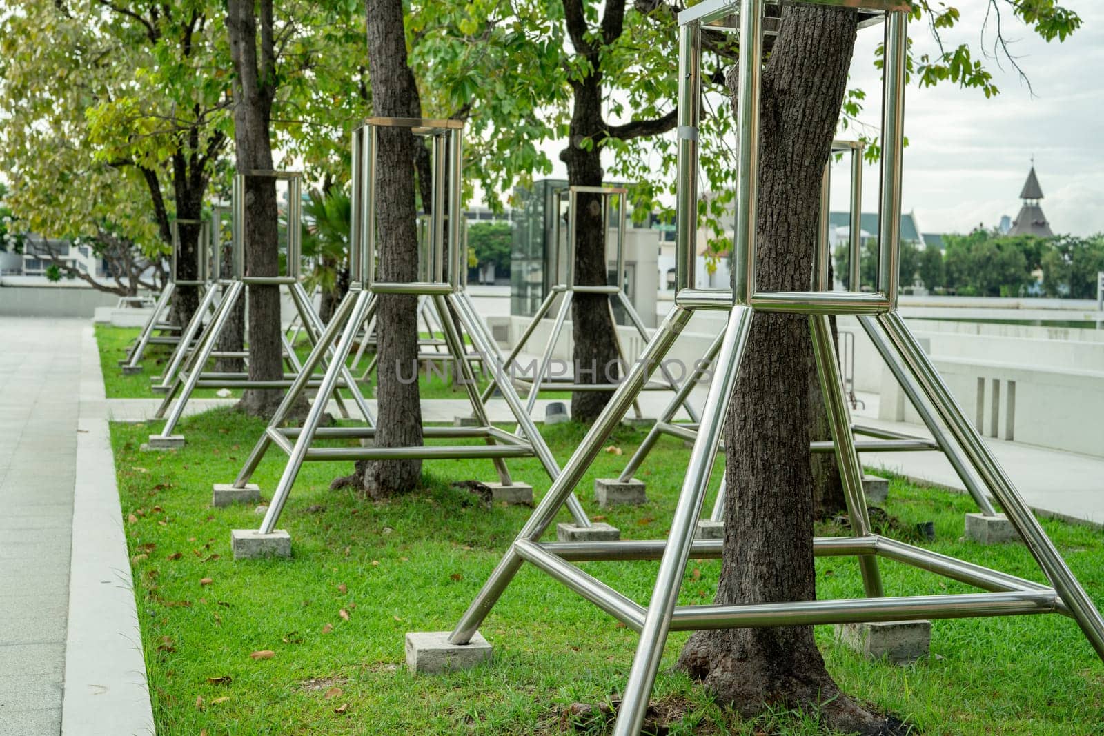 Stainless steel tree support enhances tree stability in outdoor landscaping. Support system preserves and beautifies greenery. Sustainable landscaping. Tree care mastery. Health and beauty of trees.