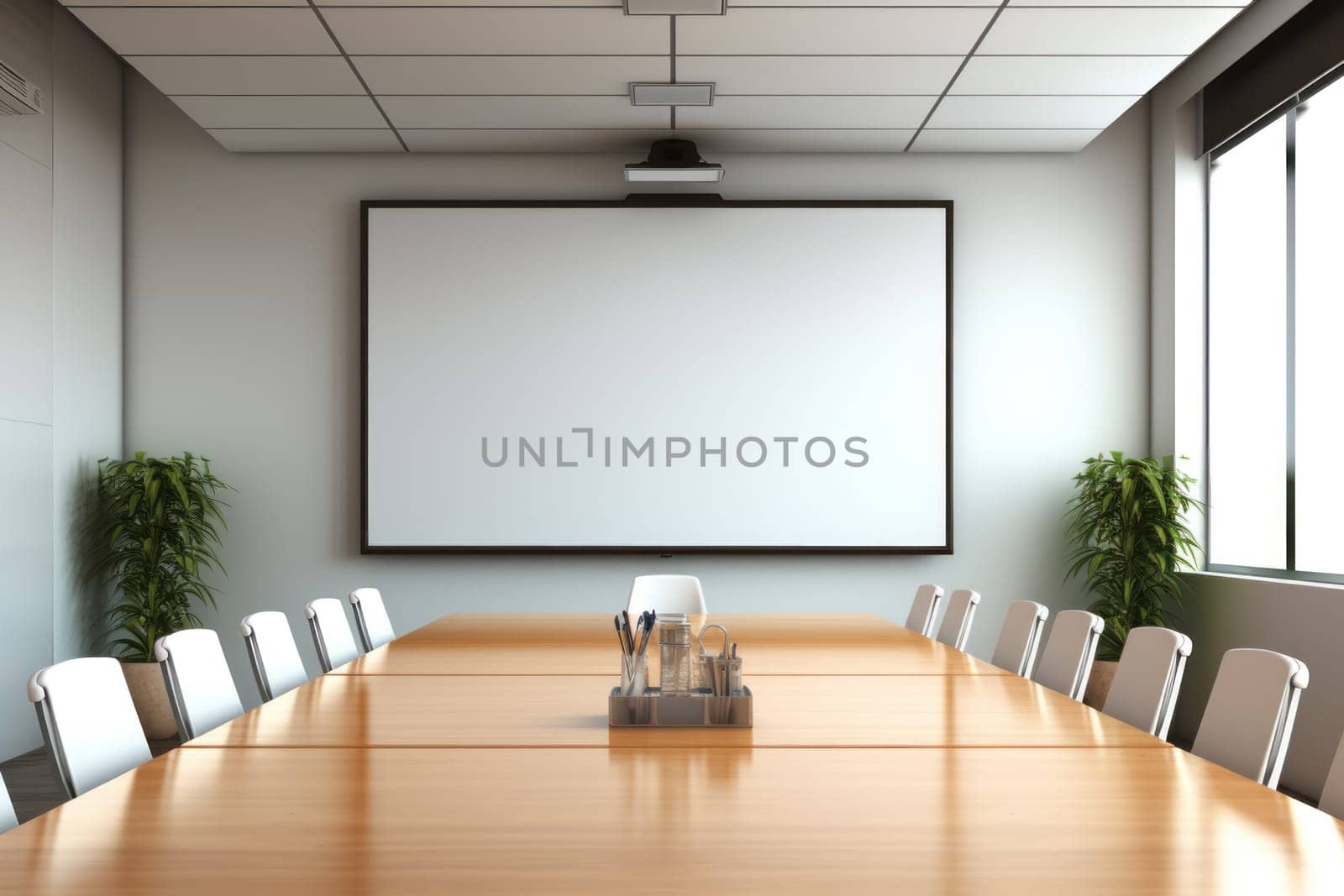Empty meeting room Conference with chair table and white board Generative AI.