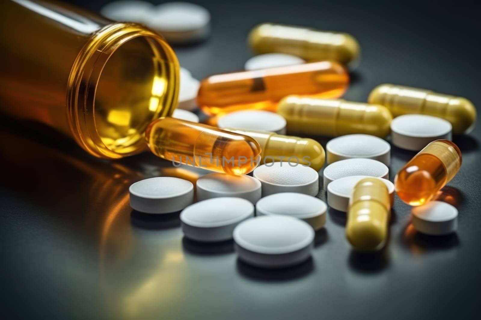 Background with many different medications pills and capsules Generative AI.
