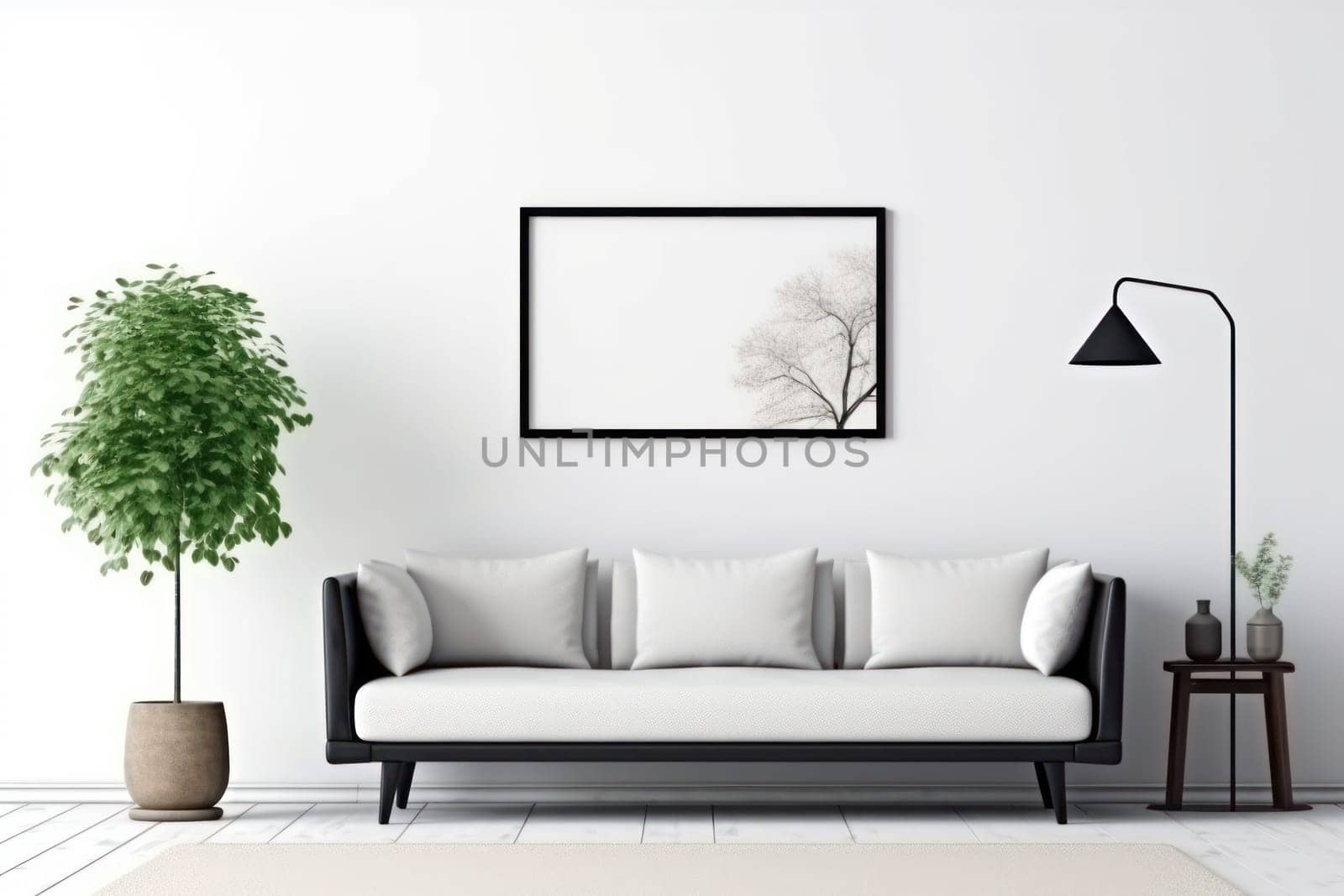 3d rendering of a living room with a couch and a blank white board on the wall Genarative AI.