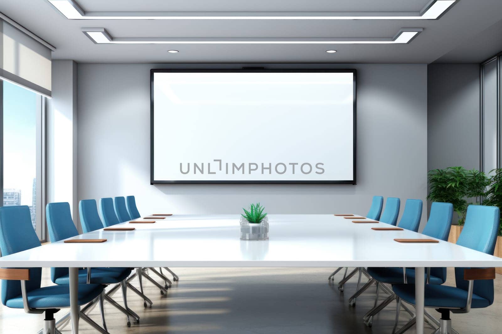 Empty meeting room Conference with chair table and white board Generative AI.