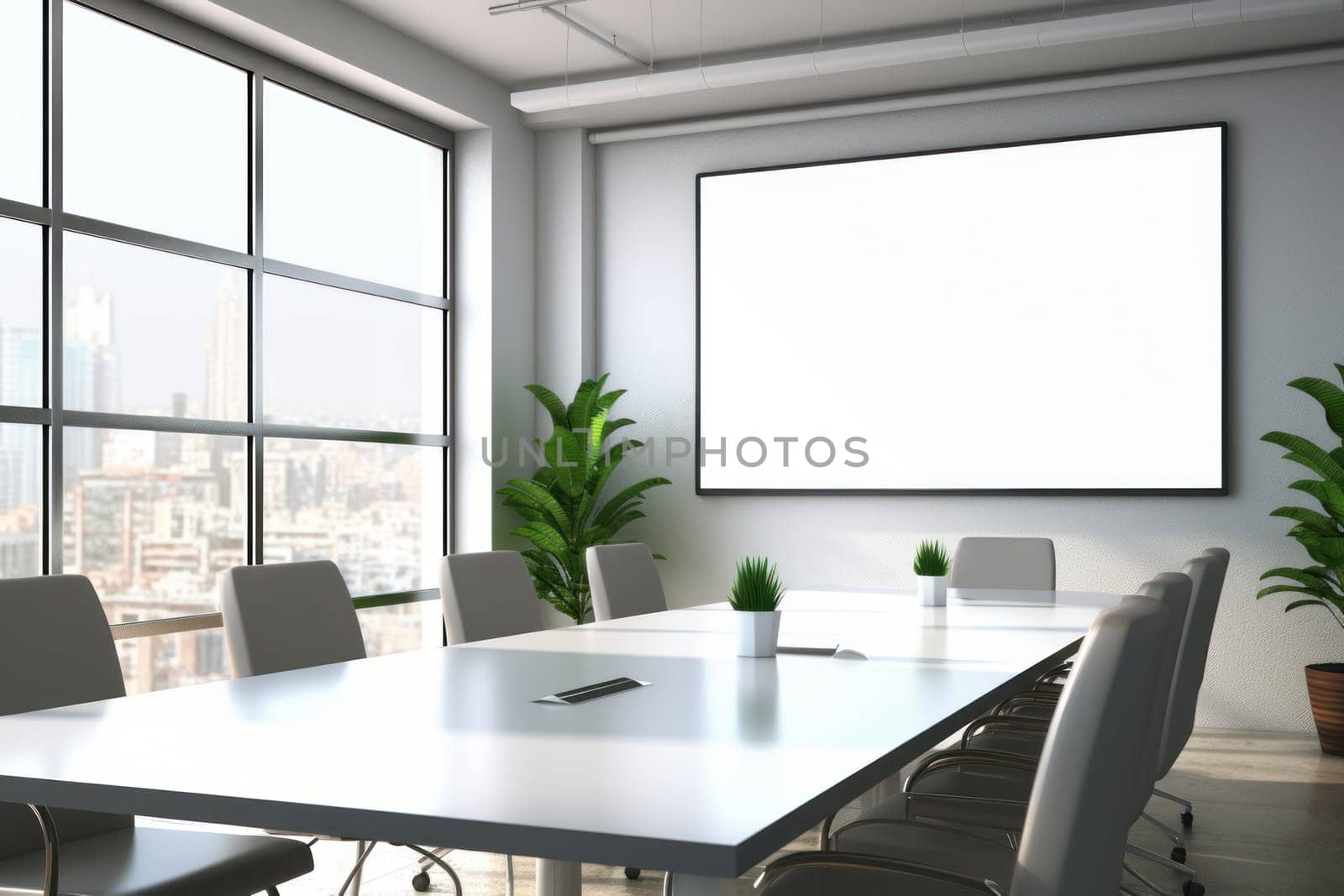 Empty meeting room Conference with chair table and white board Generative AI.