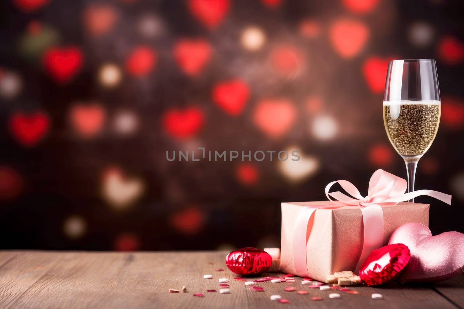 valentine day celebration with champagne, bokeh background. Generative AI.