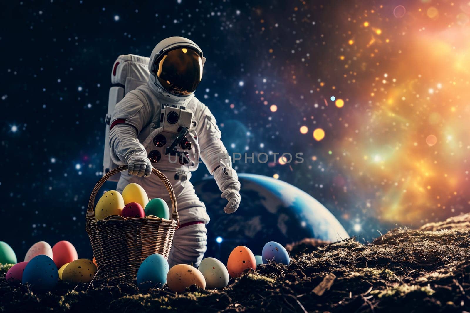 A space astronaut hold Easter eggs in basket. earth planet background. Generative ai.