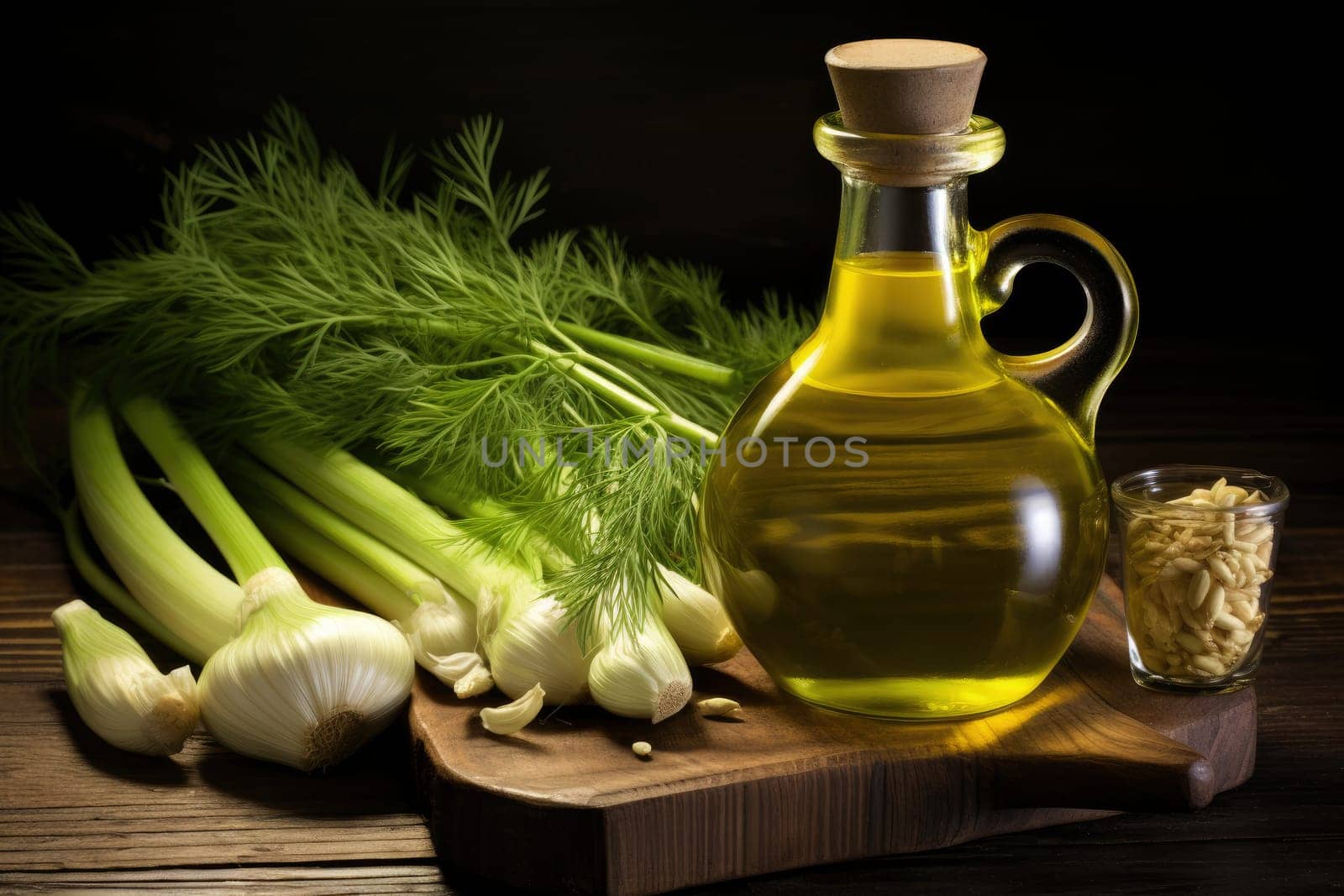 fennel oil in a glass bottle on a table.generative AI.