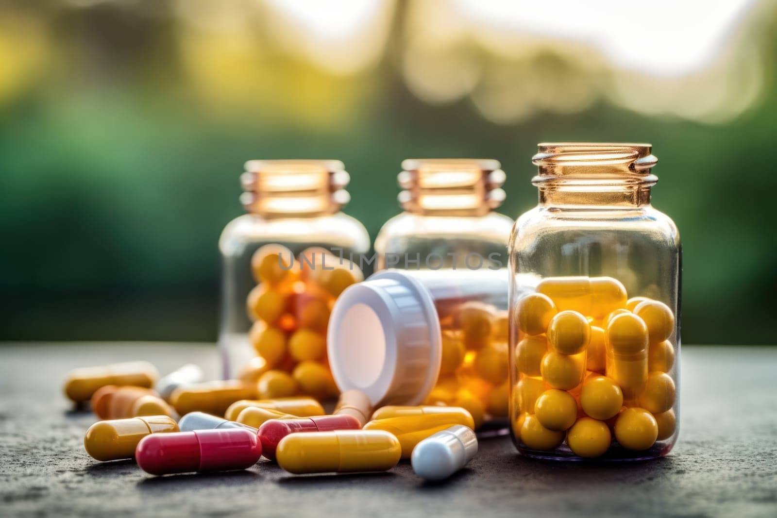 Background with many different medications pills and capsules Generative AI.