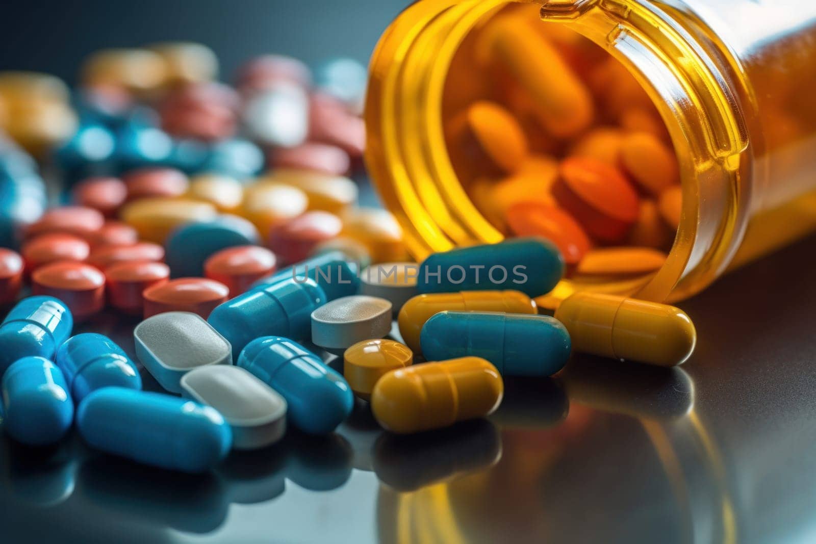 Background with many different medications pills and capsules Generative AI.