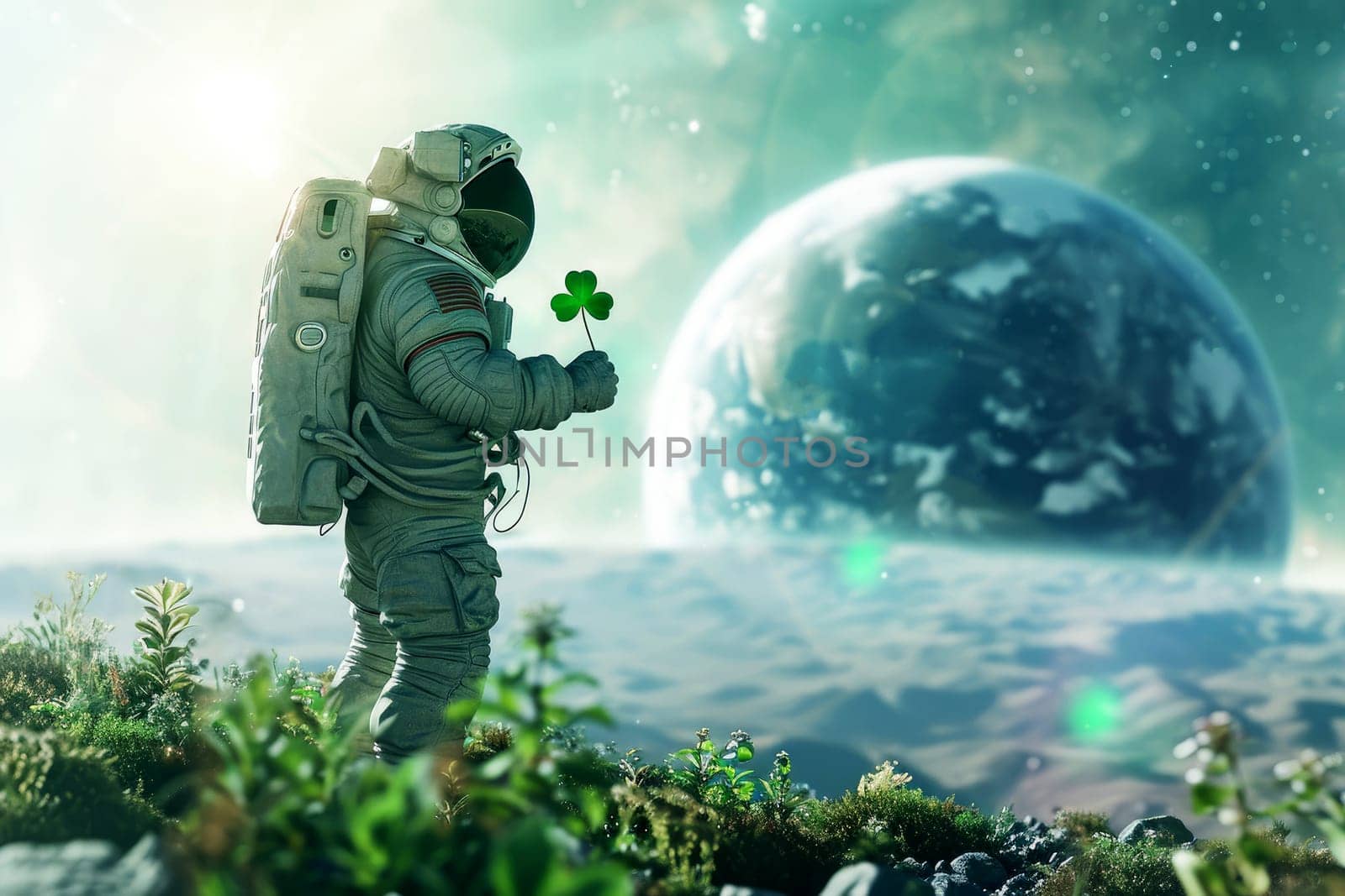 An astronaut holding a shamrock Patrick leaf on the moon, . Generative AI..