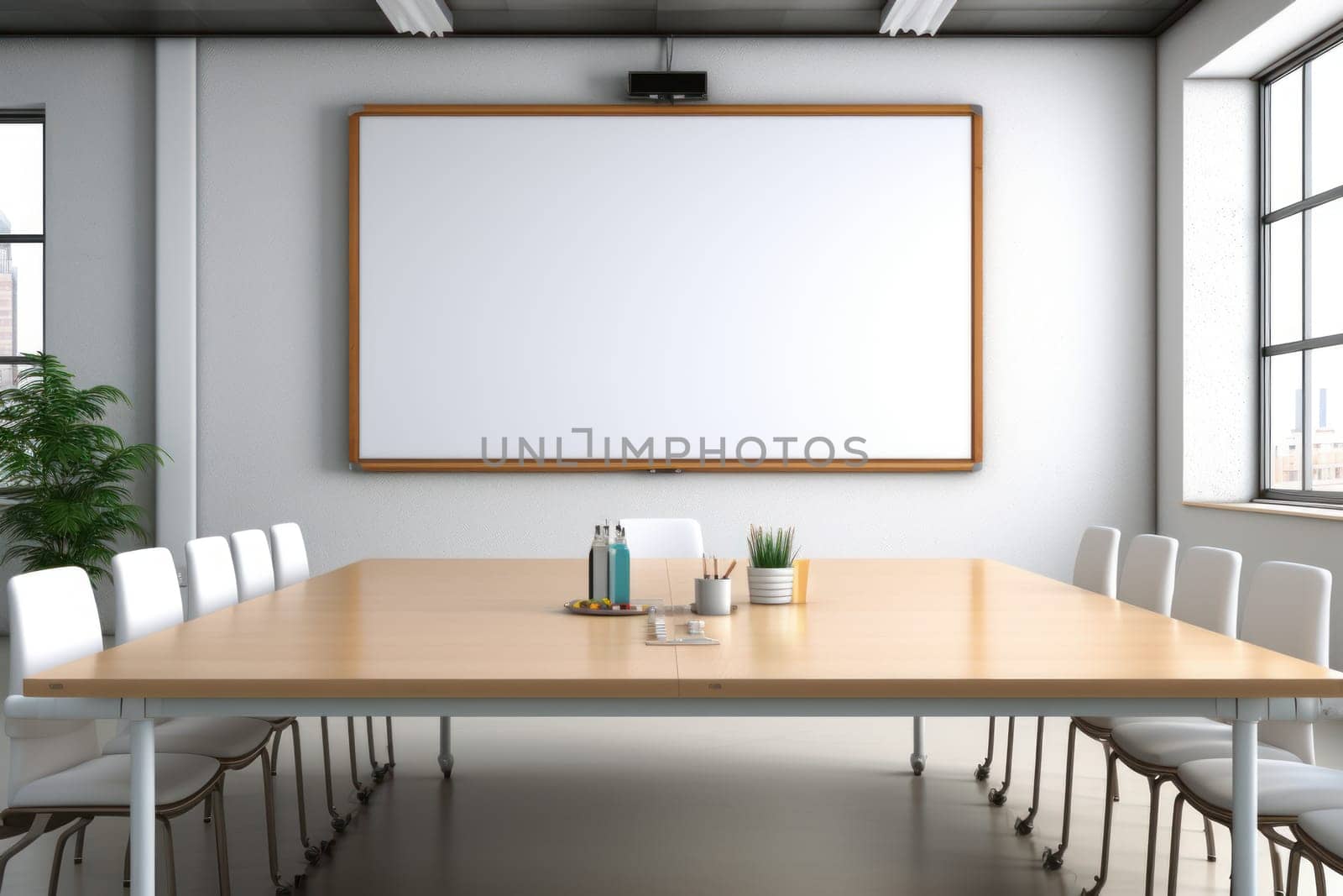Empty meeting room Conference with chair table and white board Generative AI.