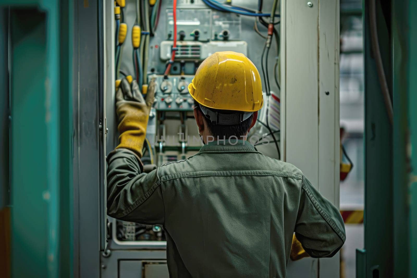 electrical engineer checks the voltage of the electrical at the terminal in the main distribution board . AI generative.