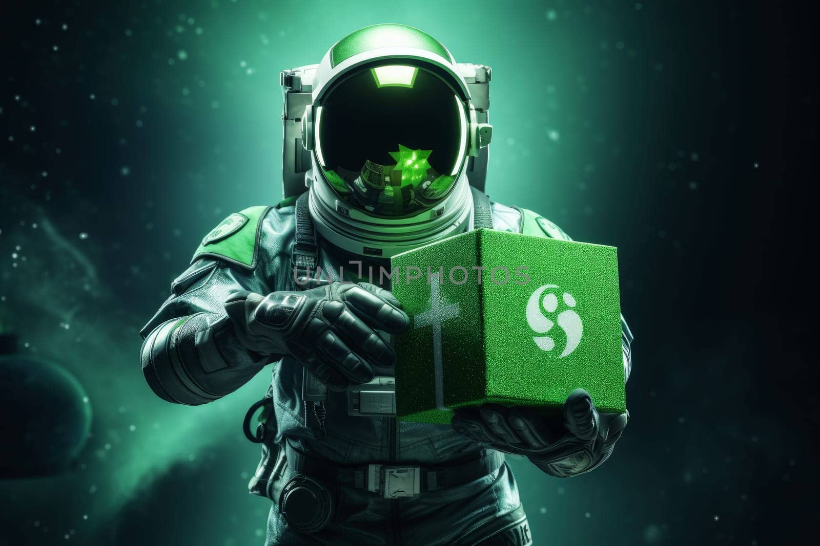 An astronaut holding a Saint Patrick's Day gift box on the moon, . Generative AI..