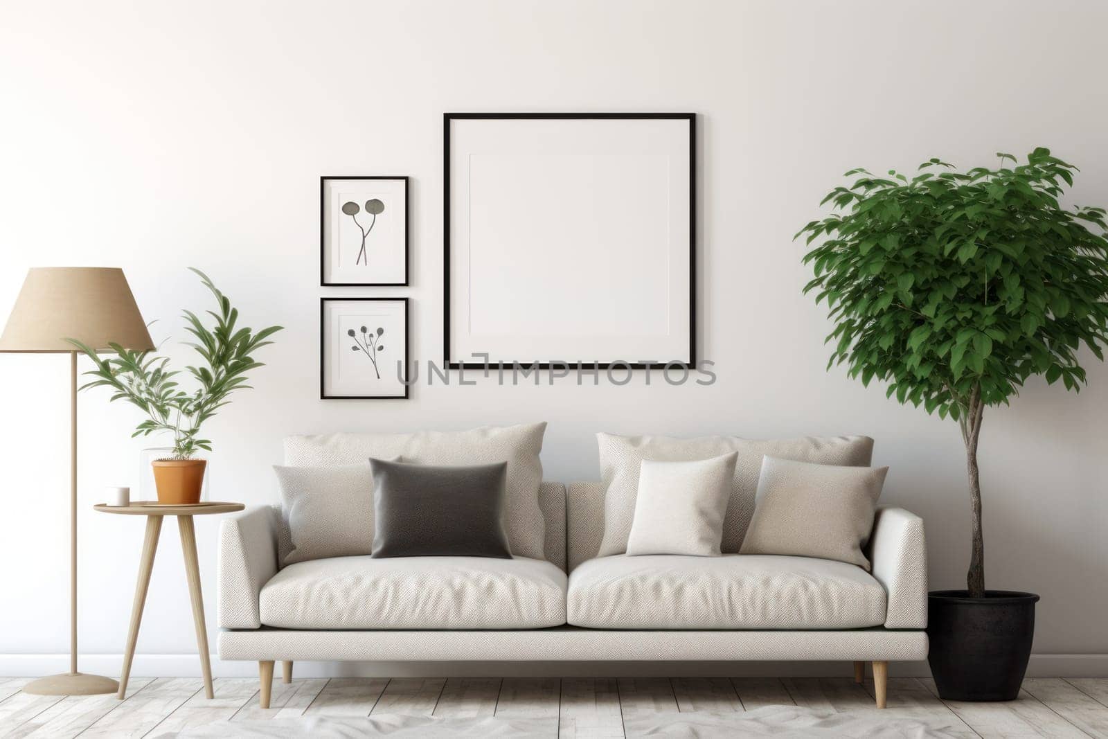 3d rendering of a living room with a couch and a blank white board on the wall Genarative AI.