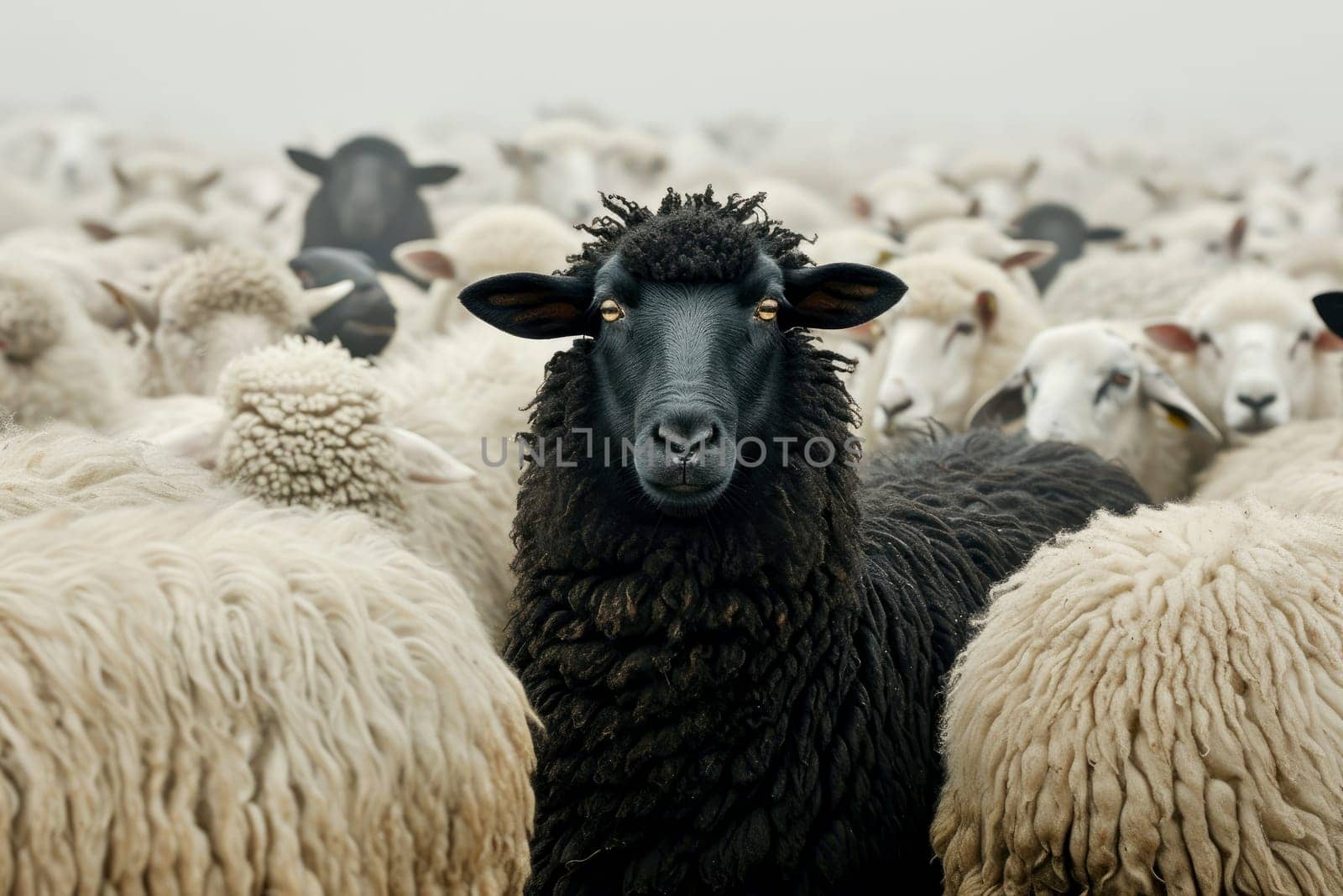 A flock of white sheep with black in the middle. generative ai.