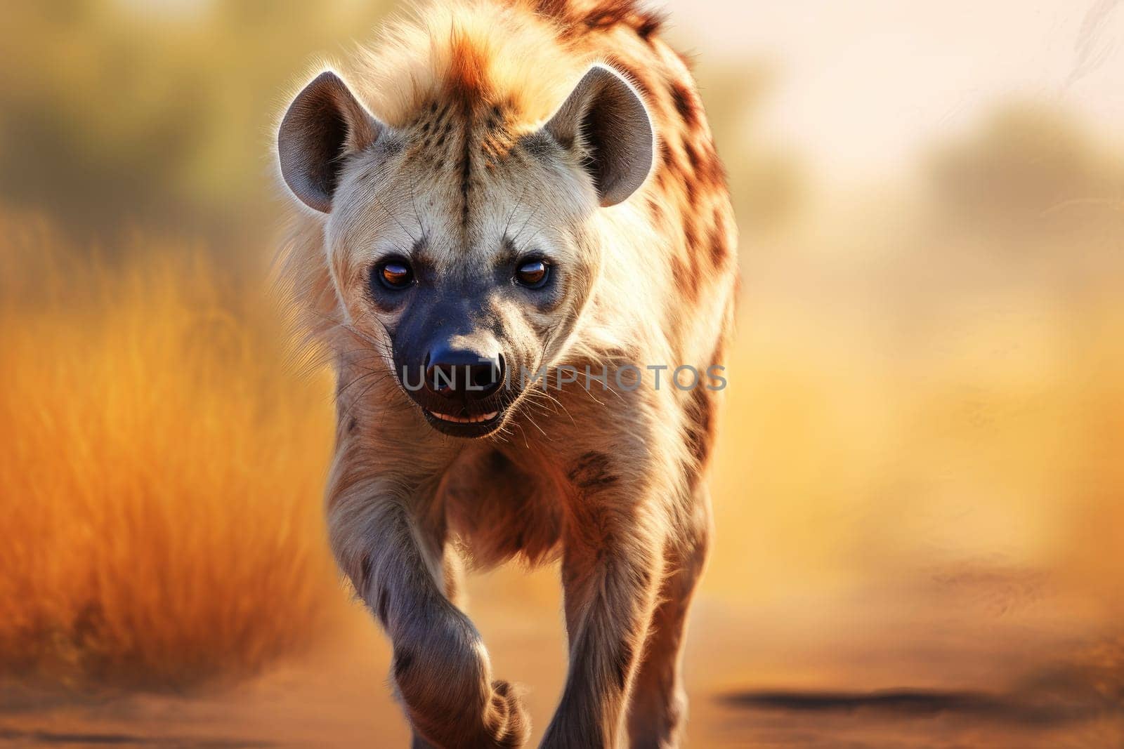 Close up of hyena strolling across field. Generative AI.