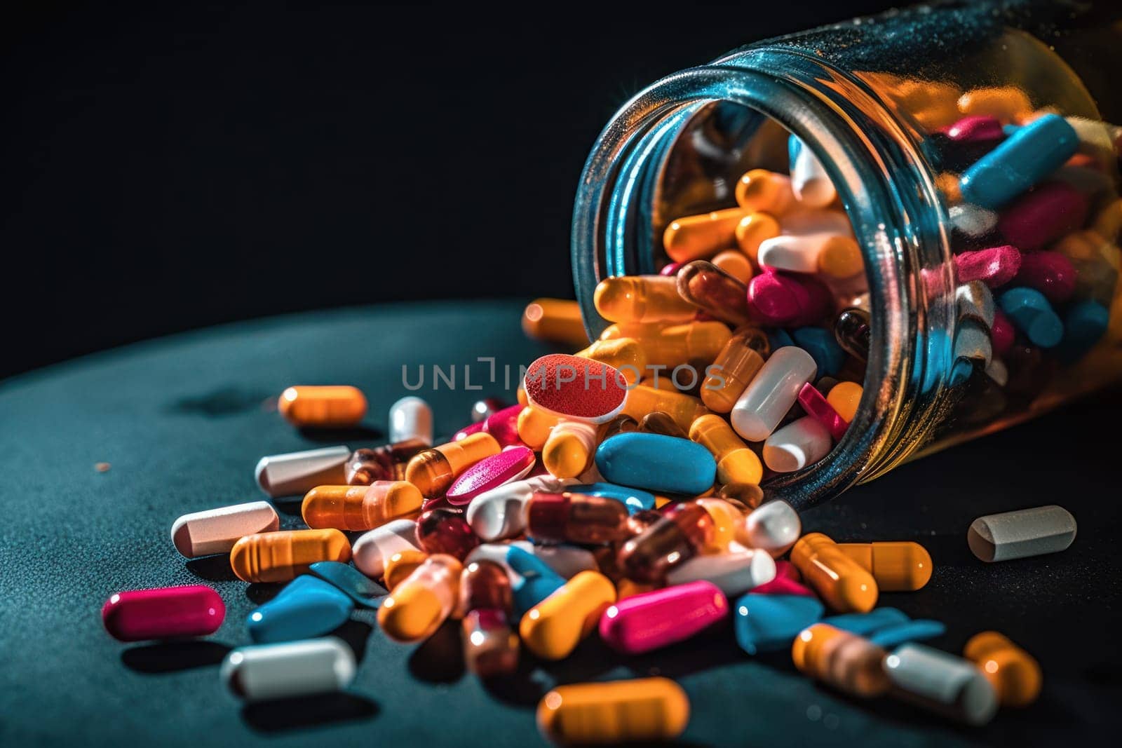 Background with many different medications pills and capsules Generative AI.