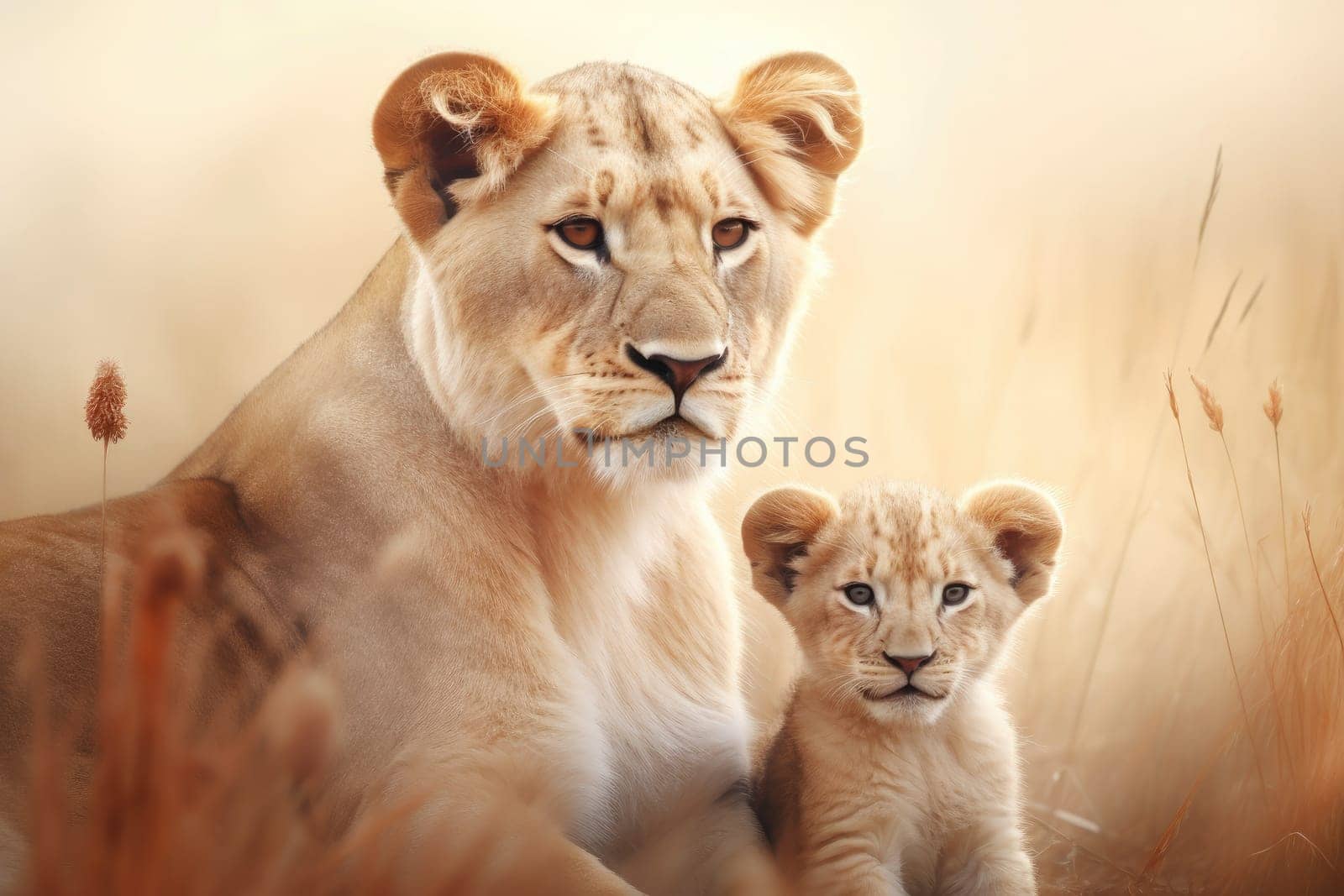 Mother love between lovely a lion and a cub created. generative ai.