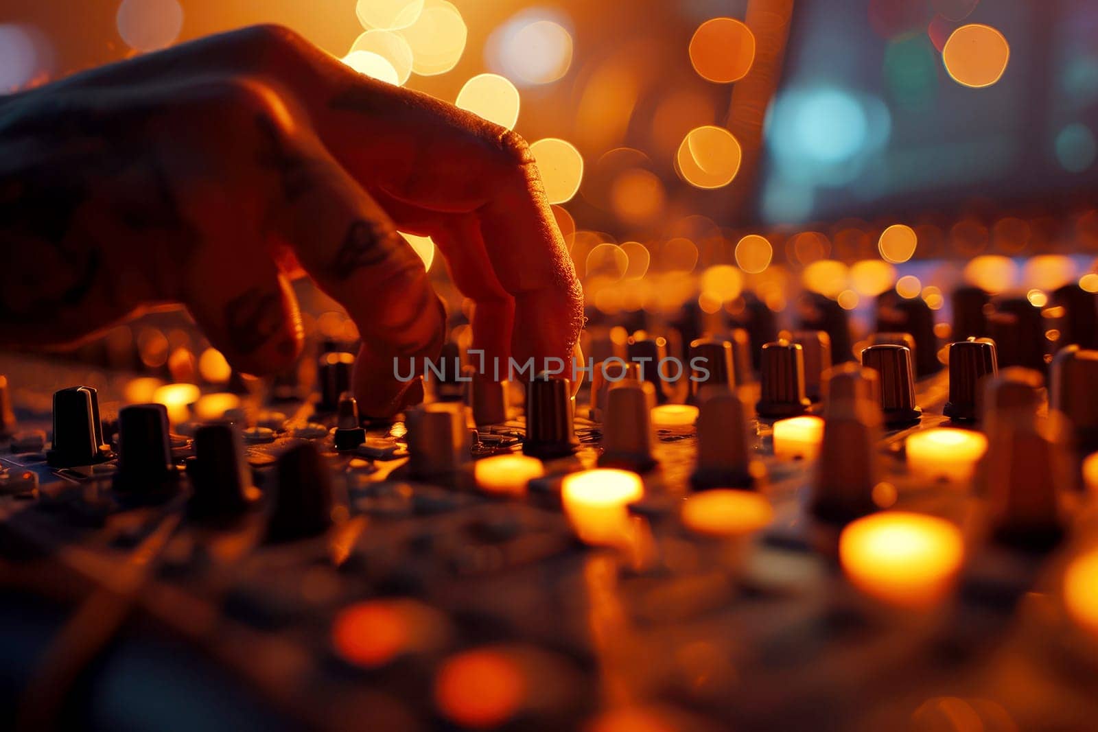 Hands of professional sound producer working on mixing desk in recording studio, Generative AI.