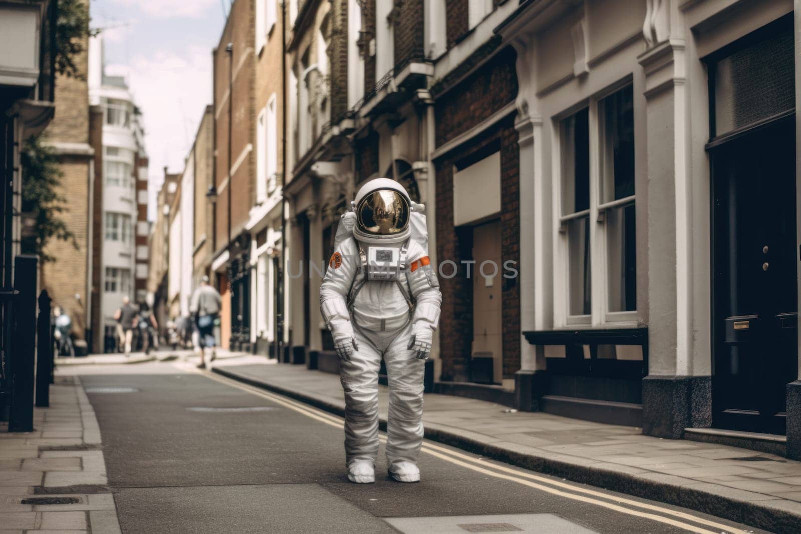 Astronaut walking down at the old streets Generative AI.