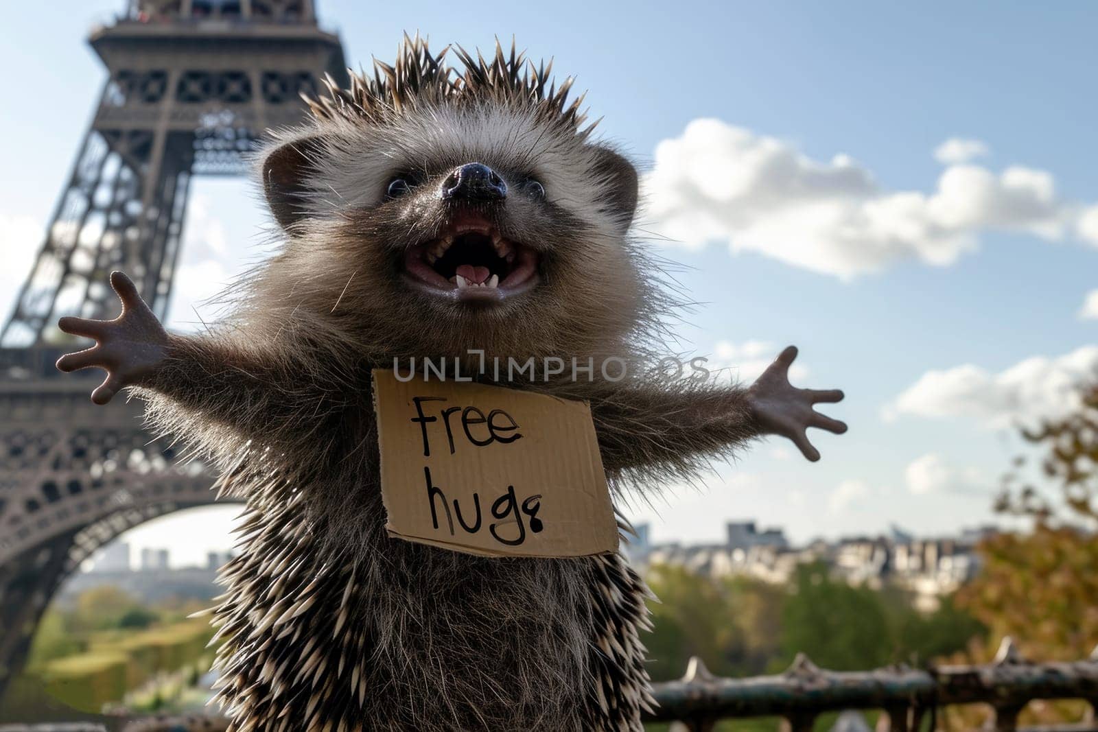 a hedgehog with Free hugs banner amused , generative ai.