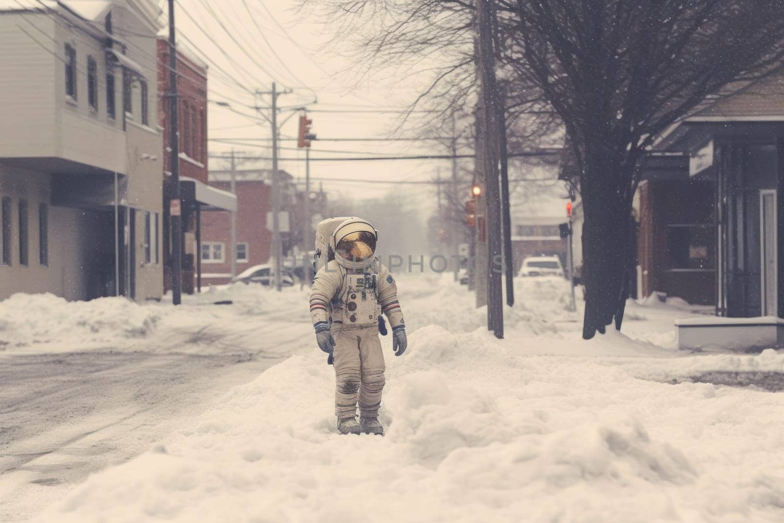 Astronaut walking down at the old streets Generative AI.