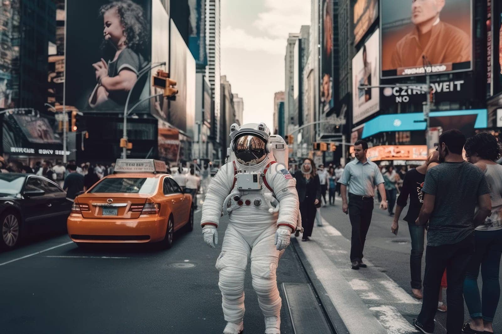 Astronaut walking down at the old streets Generative AI.