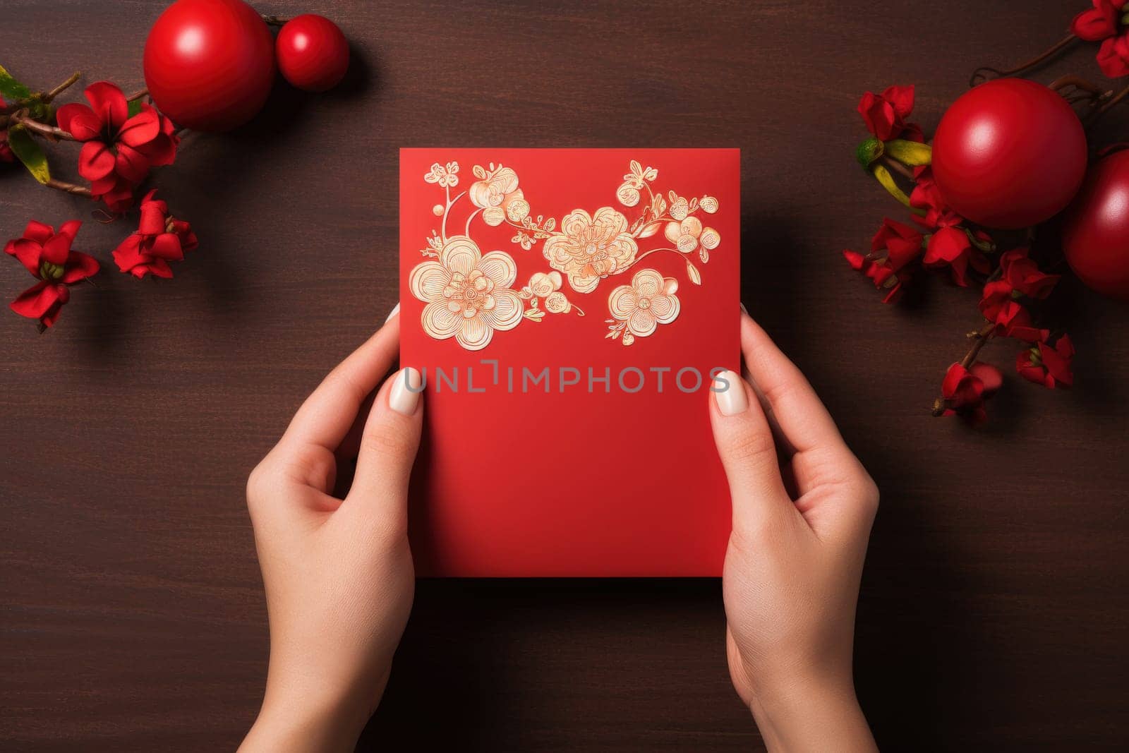 hand woman holding with blank red card. Chinese new year concept .generative ai.